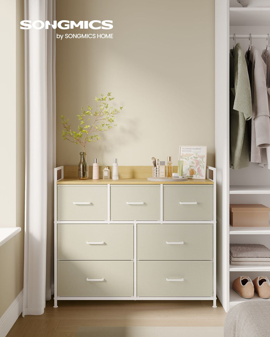 Chest of Drawers – Fabric and Metal – Cream White and Oak Beige – 7 Drawer Storage Unit