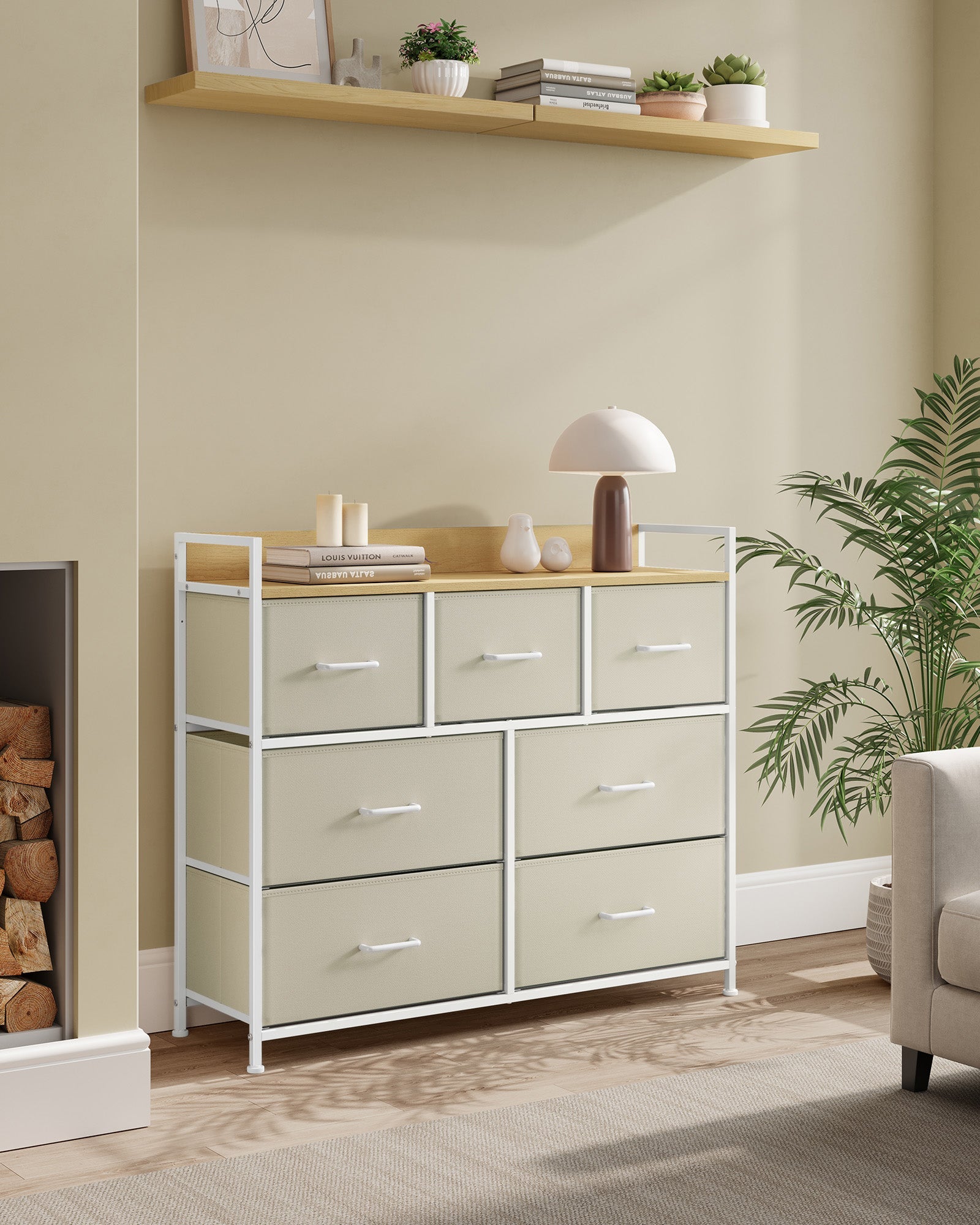 Chest of Drawers – Fabric and Metal – Cream White and Oak Beige – 7 Drawer Storage Unit