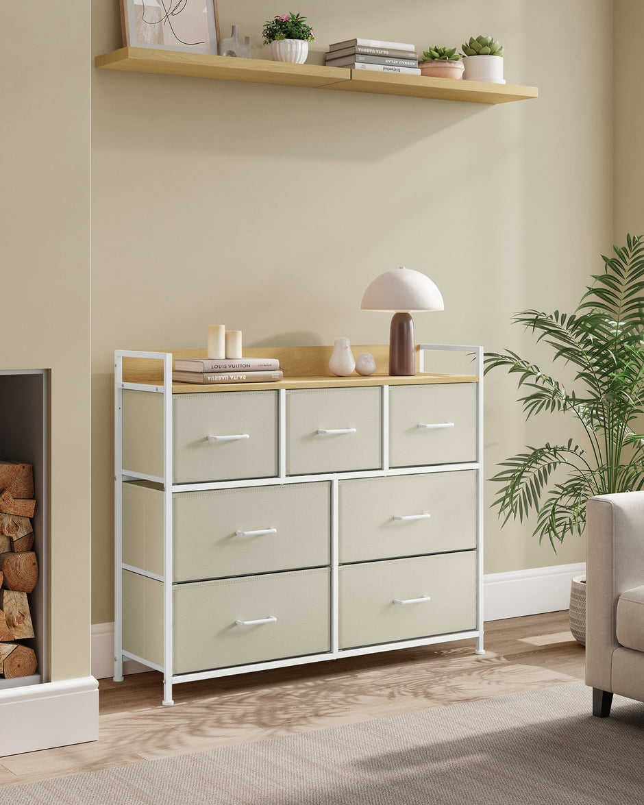 Chest of Drawers – Fabric and Metal – Cream White and Oak Beige – 7 Drawer Storage Unit