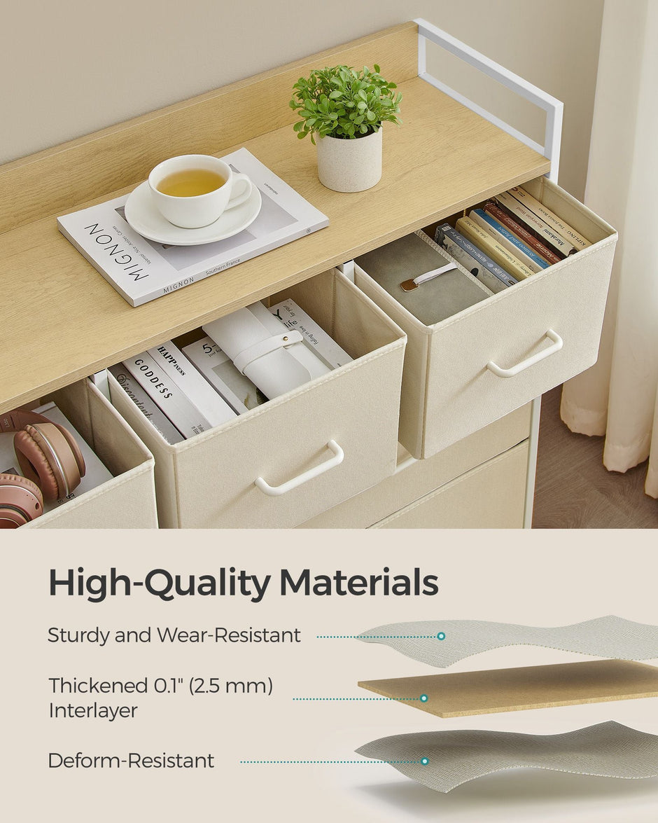 Chest of Drawers – Fabric and Metal – Cream White and Oak Beige – 7 Drawer Storage Unit