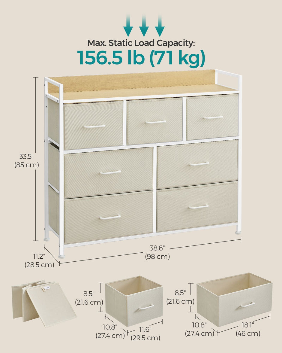 Chest of Drawers – Fabric and Metal – Cream White and Oak Beige – 7 Drawer Storage Unit