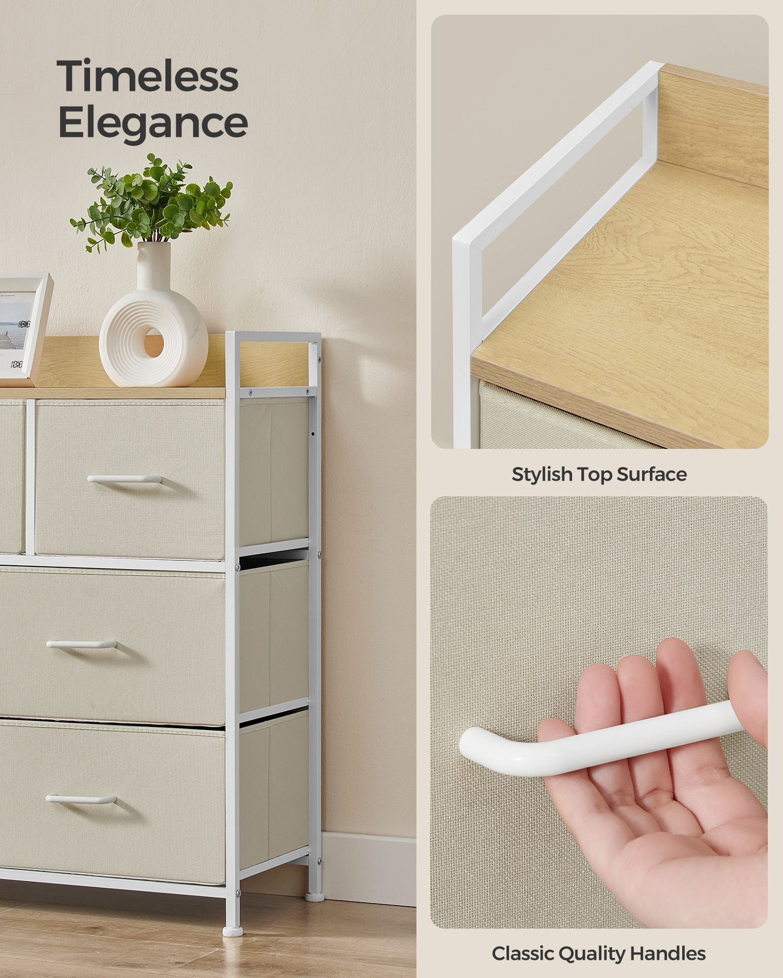 Chest of Drawers – Fabric and Metal – Cream White and Oak Beige – 7 Drawer Storage Unit