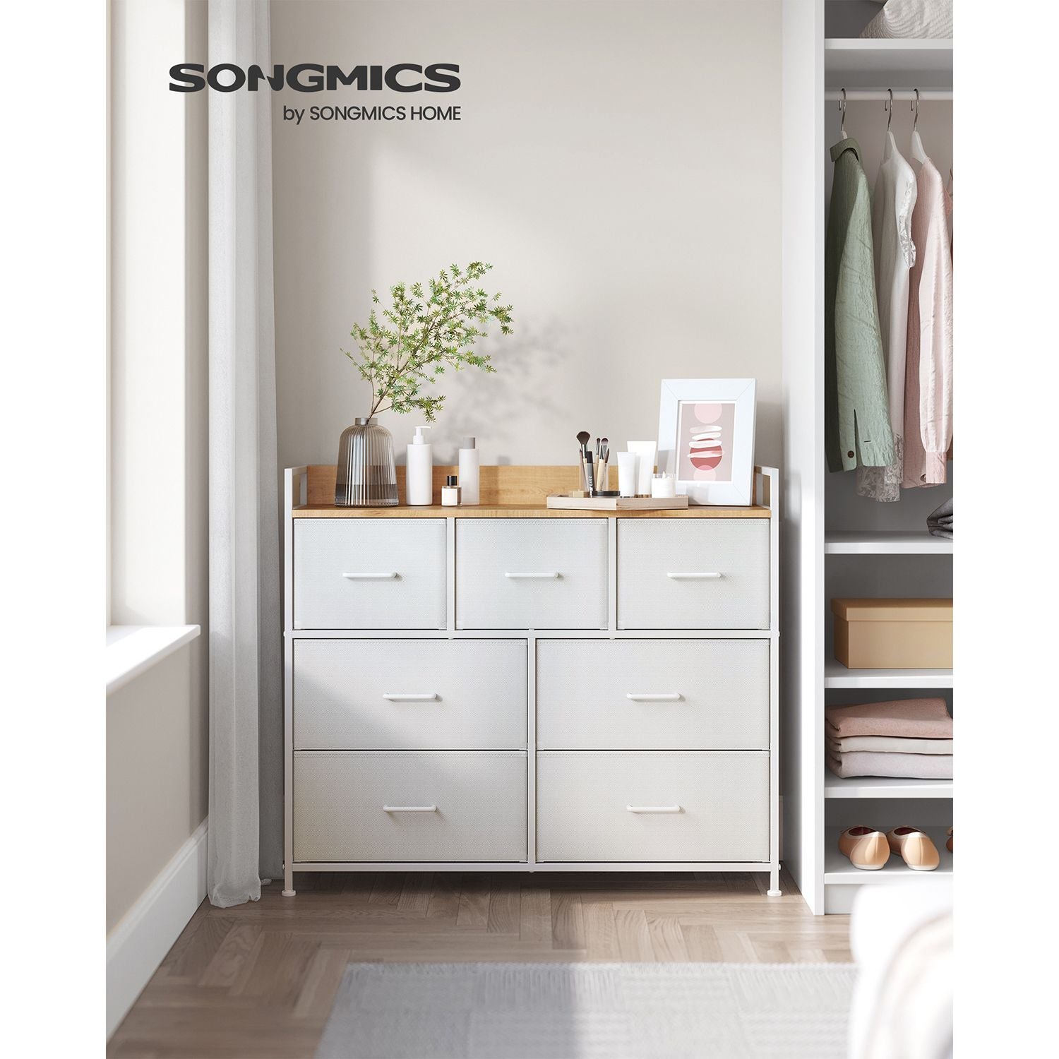 Chest of Drawers – Fabric and Metal – Grey and Black – 7 Drawers with Rustic Wood Grain Finish