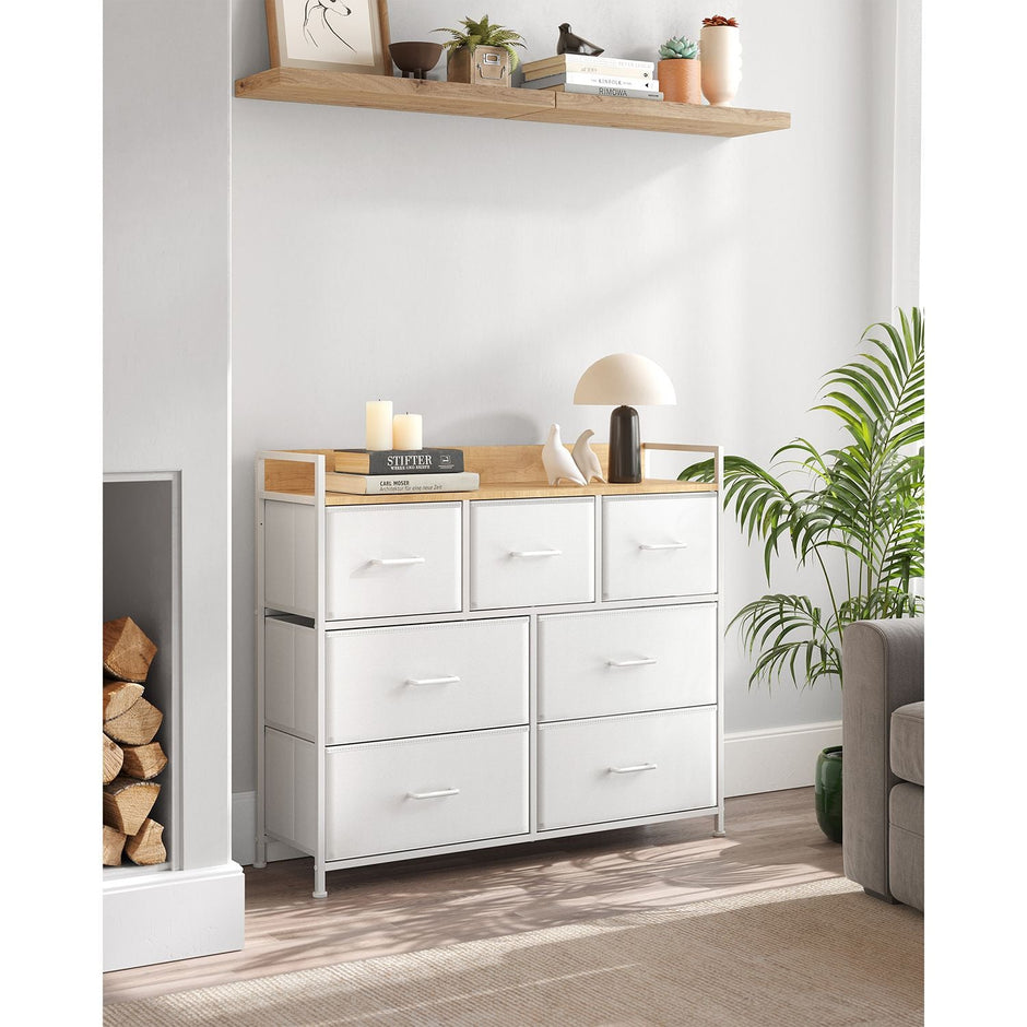 Chest of Drawers – Fabric and Metal – Grey and Black – 7 Drawers with Rustic Wood Grain Finish