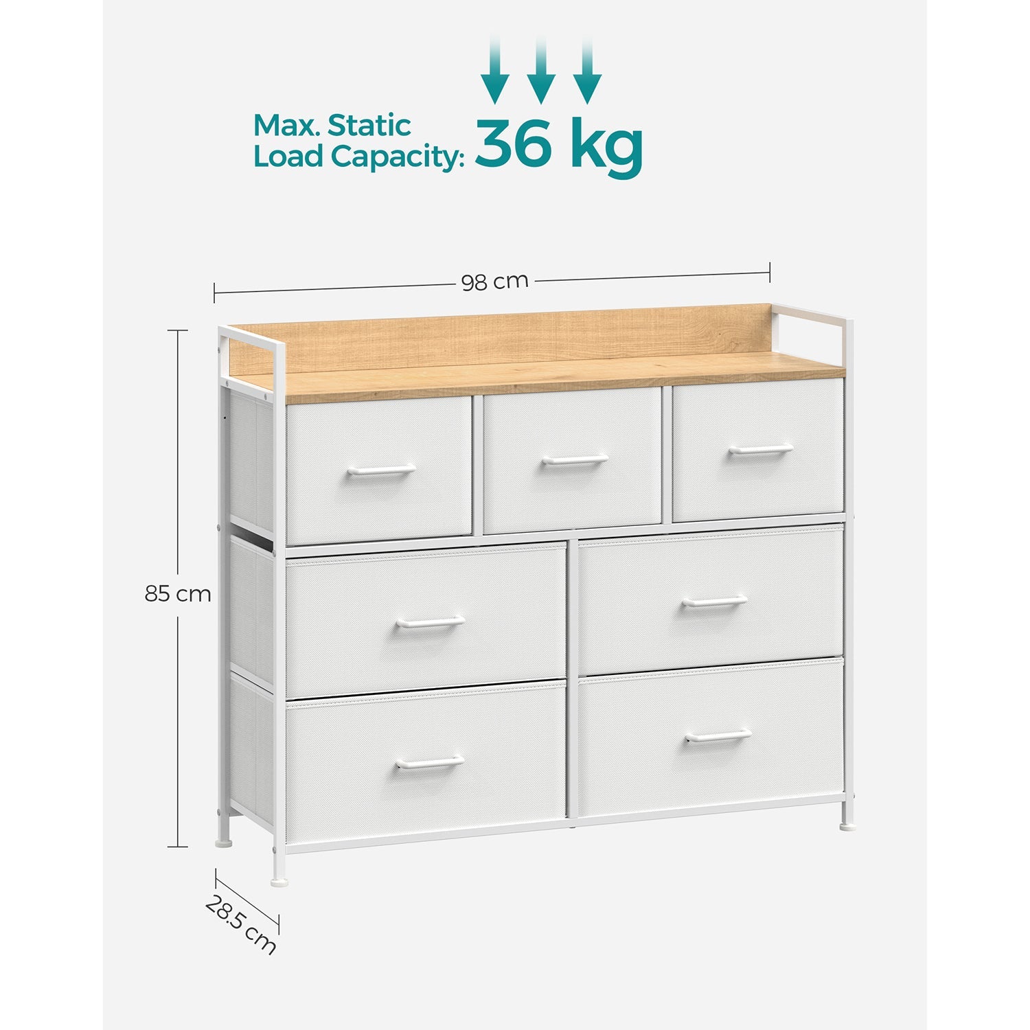 Chest of Drawers – Fabric and Metal – Grey and Black – 7 Drawers with Rustic Wood Grain Finish