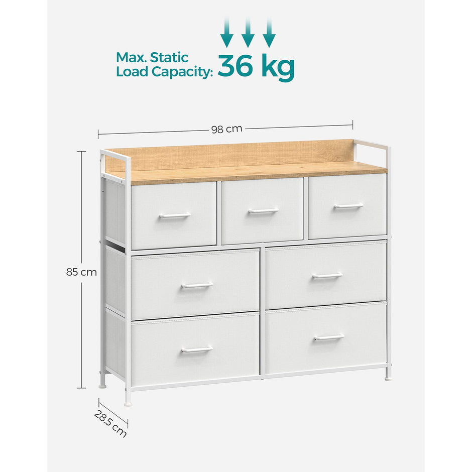 Chest of Drawers – Fabric and Metal – Grey and Black – 7 Drawers with Rustic Wood Grain Finish