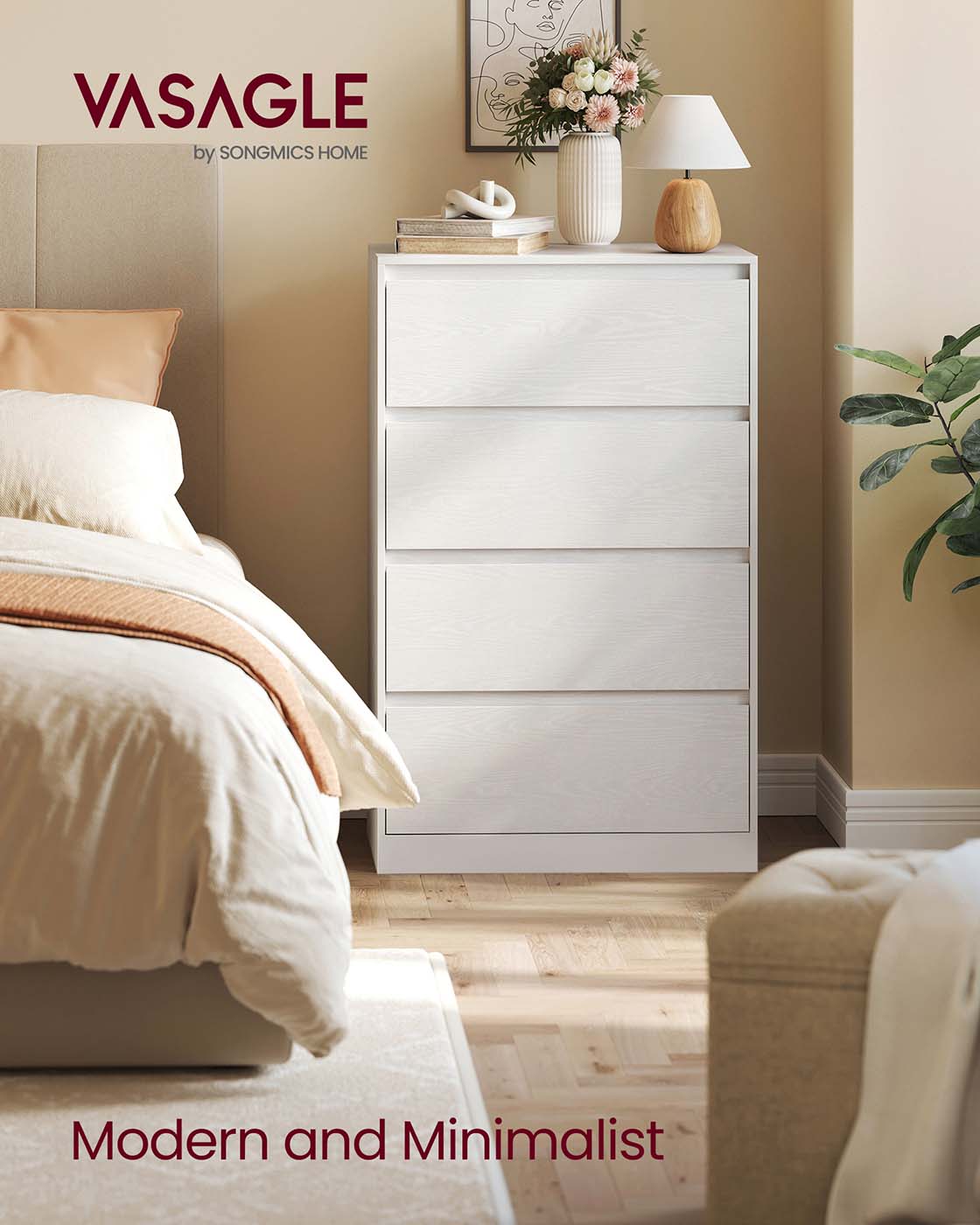 Chest of Drawers – Engineered Wood – Snow White – Modern Design with Four Drawers