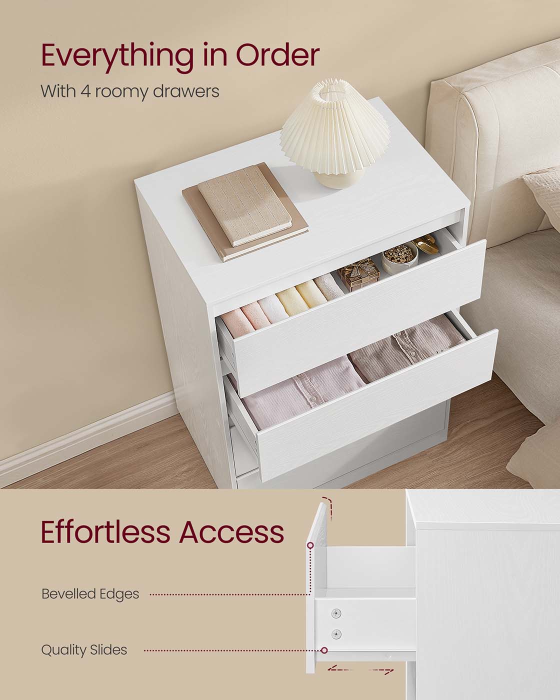 Chest of Drawers – Engineered Wood – Snow White – Modern Design with Four Drawers