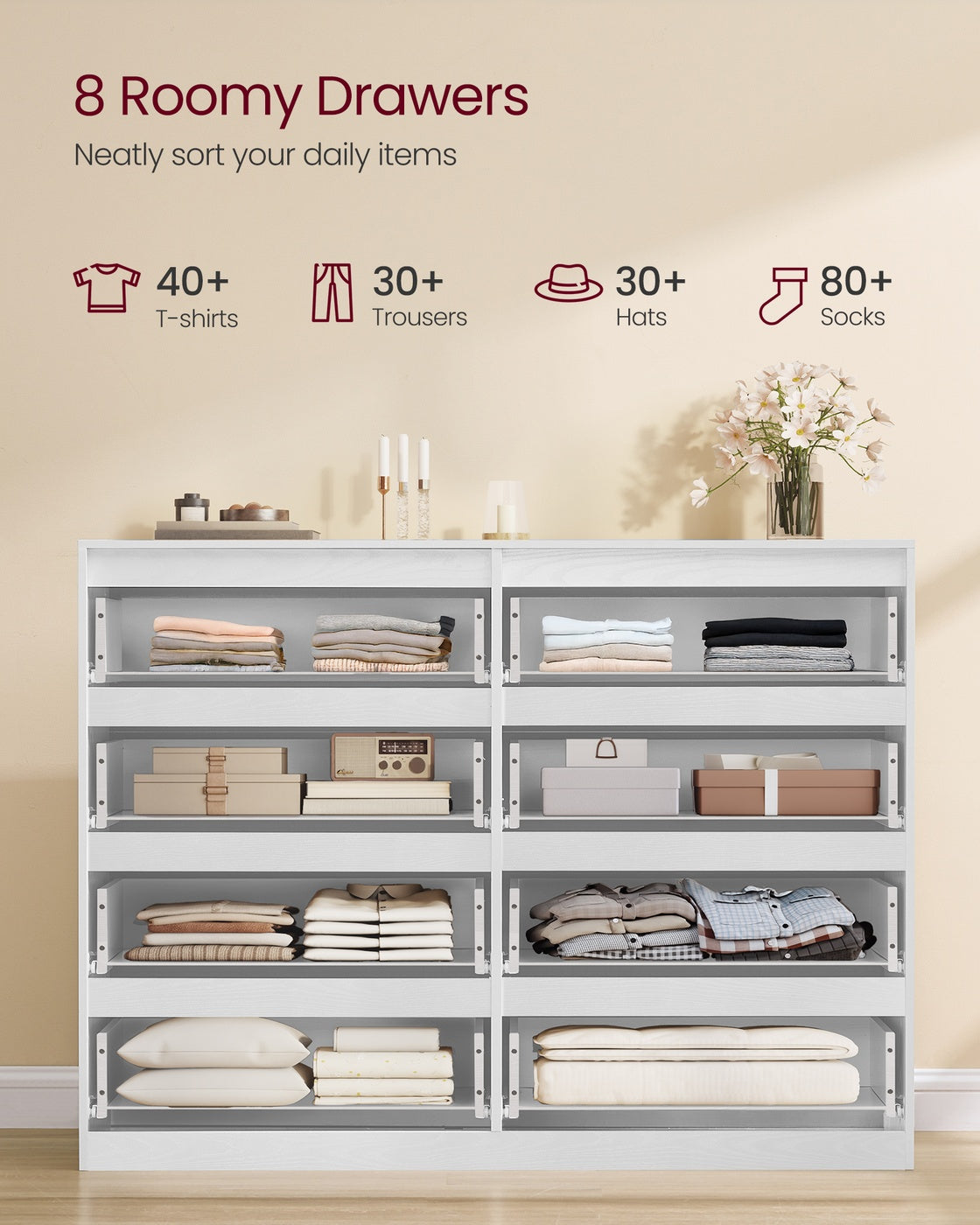 Storage Organiser Unit – Engineered Wood – Snow White – Modern Design with 8 Drawers