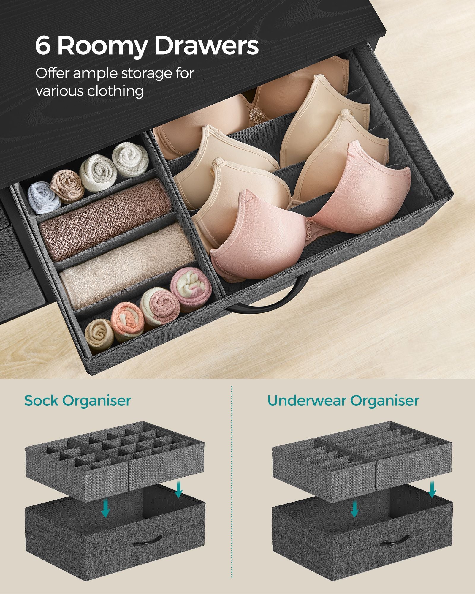6-Drawer Dresser – Fabric – Charcoal Grey and Slate Grey – Organizer with Side Pockets and Drawer Dividers