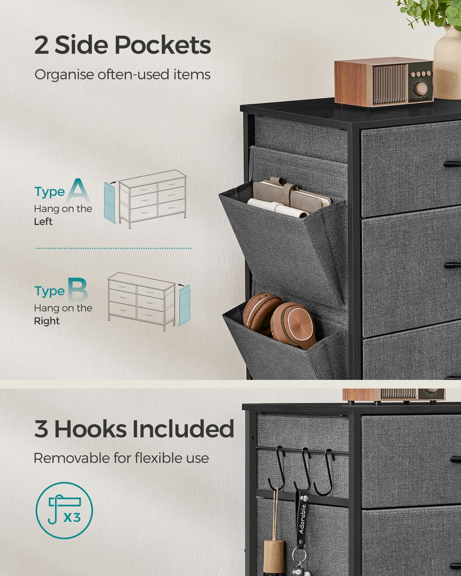 6-Drawer Dresser – Fabric – Charcoal Grey and Slate Grey – Organizer with Side Pockets and Drawer Dividers