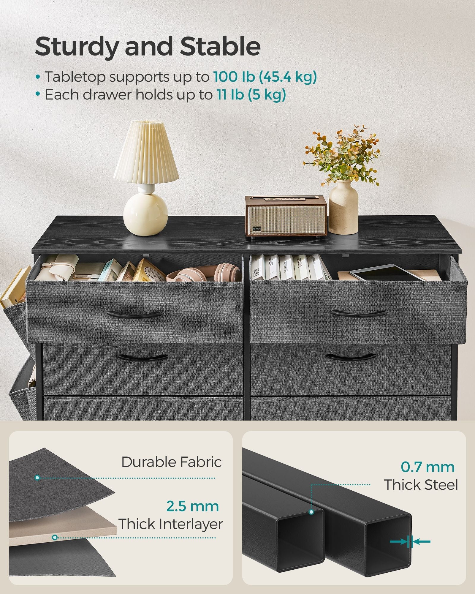 6-Drawer Dresser – Fabric – Charcoal Grey and Slate Grey – Organizer with Side Pockets and Drawer Dividers