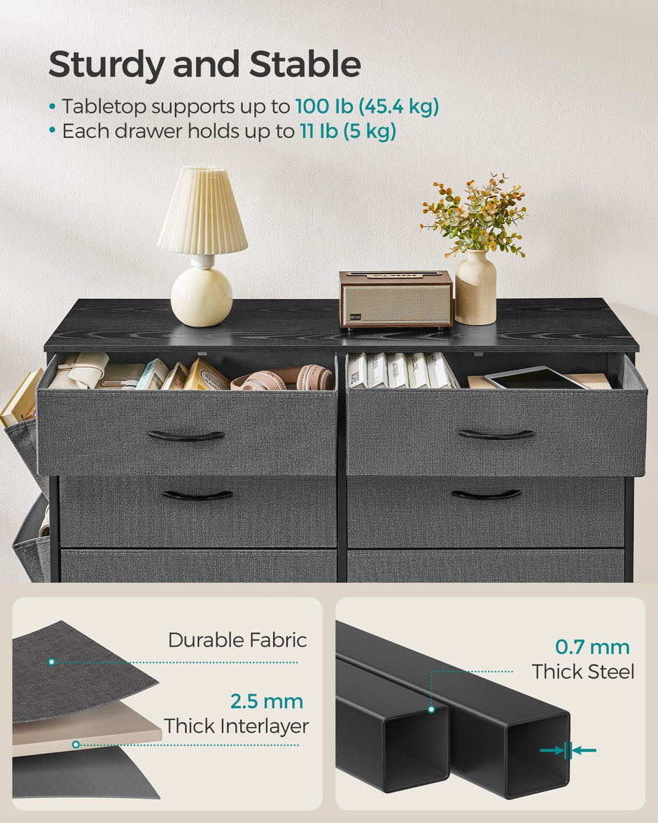 6-Drawer Dresser – Fabric – Charcoal Grey and Slate Grey – Organizer with Side Pockets and Drawer Dividers