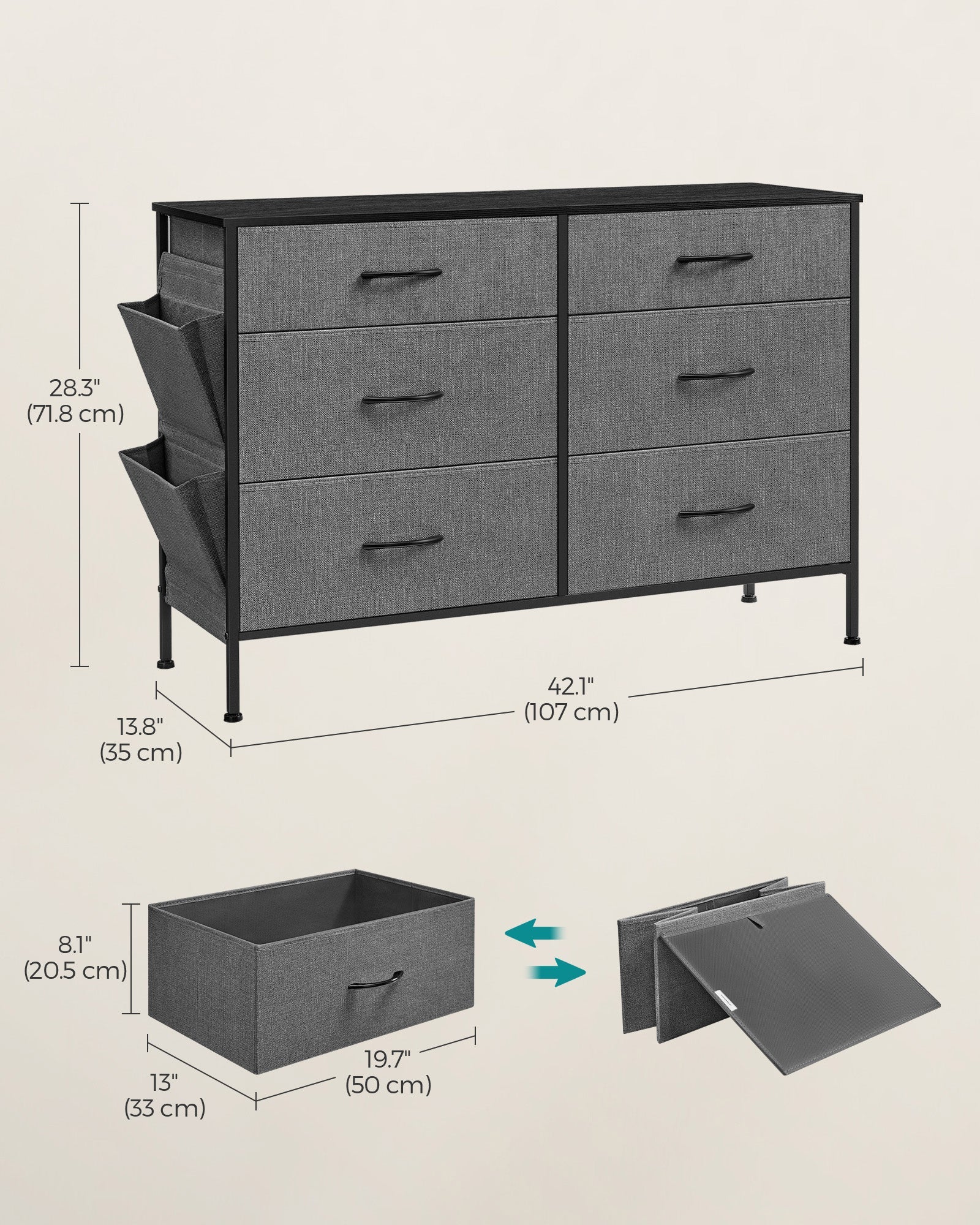 6-Drawer Dresser – Fabric – Charcoal Grey and Slate Grey – Organizer with Side Pockets and Drawer Dividers