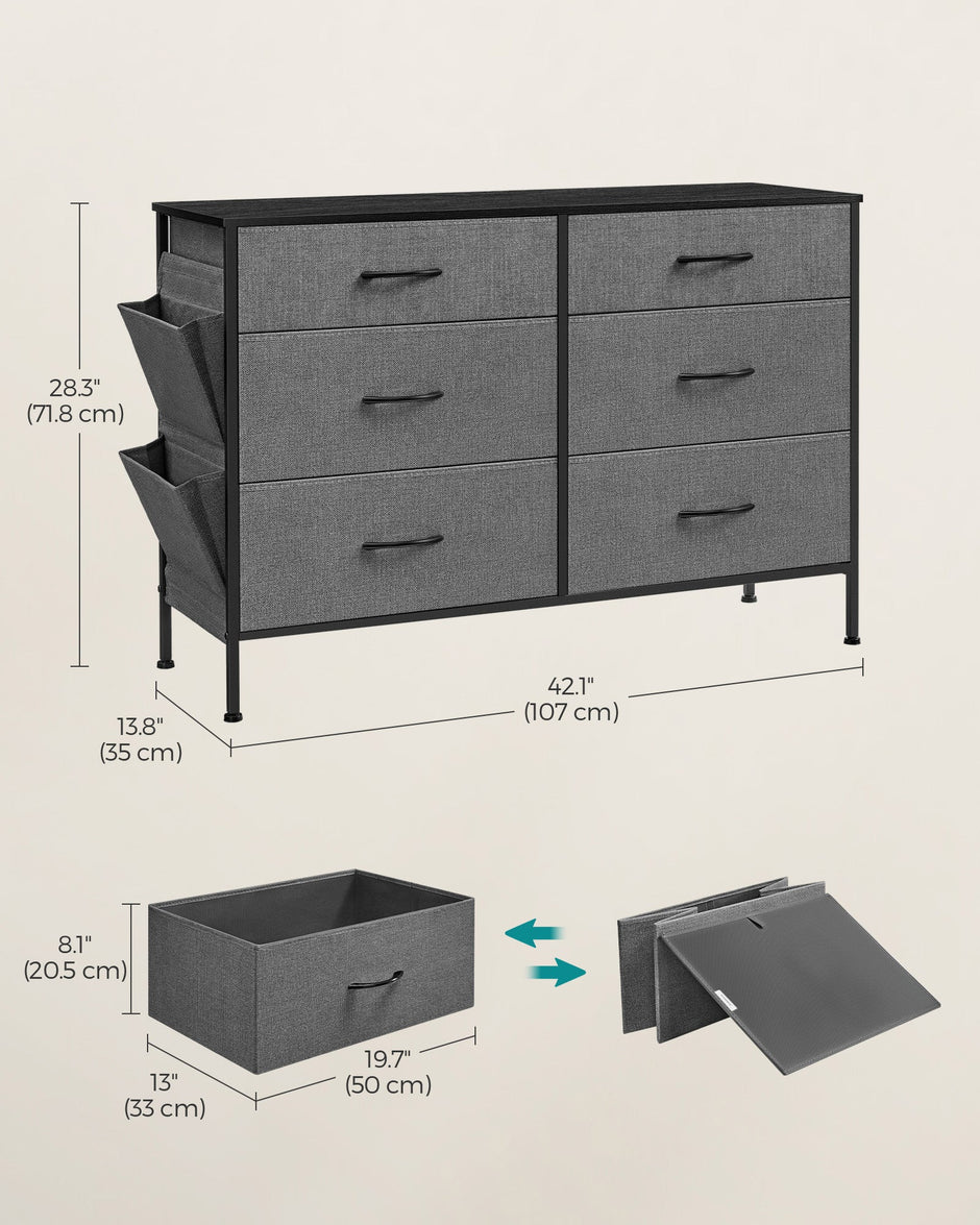 6-Drawer Dresser – Fabric – Charcoal Grey and Slate Grey – Organizer with Side Pockets and Drawer Dividers