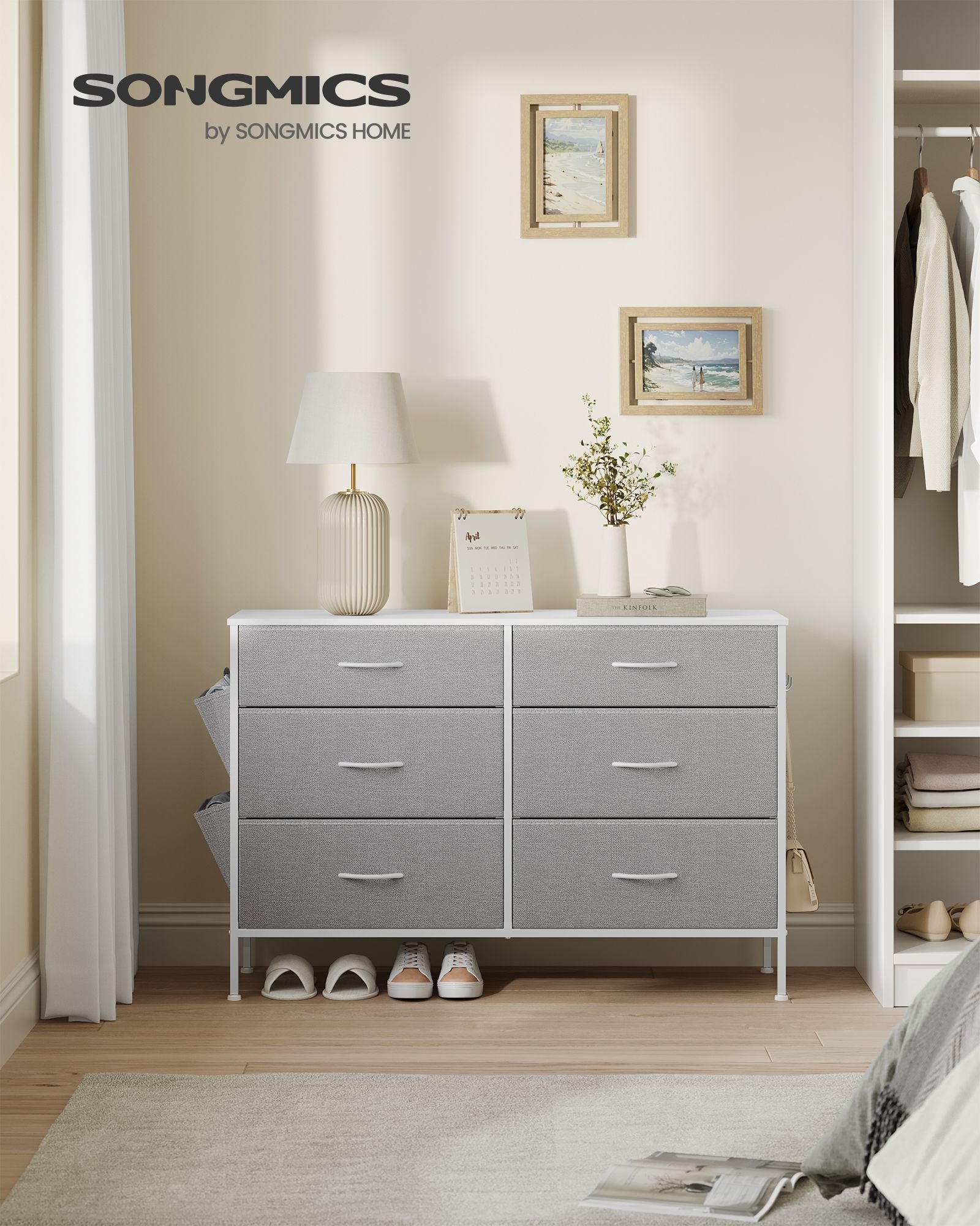 6-Drawer Dresser – Fabric – Cloud White and Dove Grey – Includes Side Pockets and Drawer Dividers