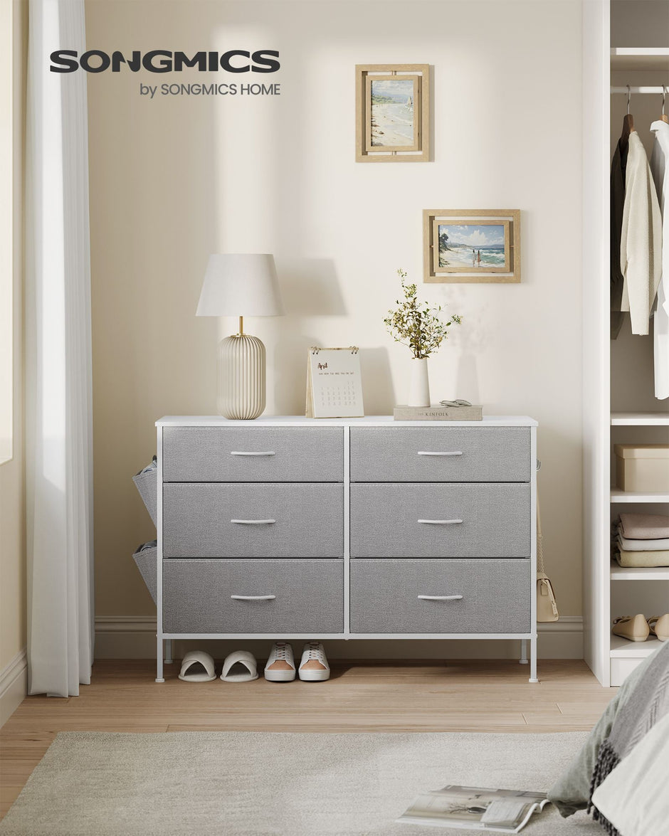 6-Drawer Dresser – Fabric – Cloud White and Dove Grey – Includes Side Pockets and Drawer Dividers
