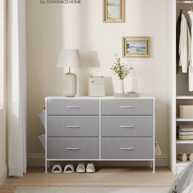 6-Drawer Dresser – Fabric – Cloud White and Dove Grey – Includes Side Pockets and Drawer Dividers