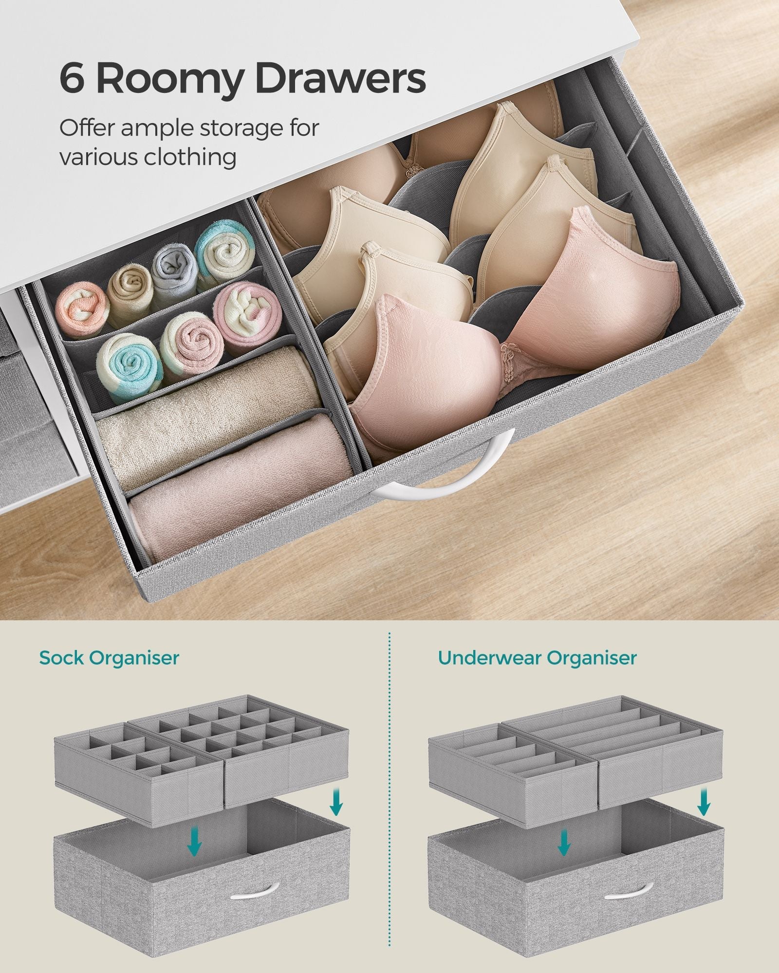 6-Drawer Dresser – Fabric – Cloud White and Dove Grey – Includes Side Pockets and Drawer Dividers
