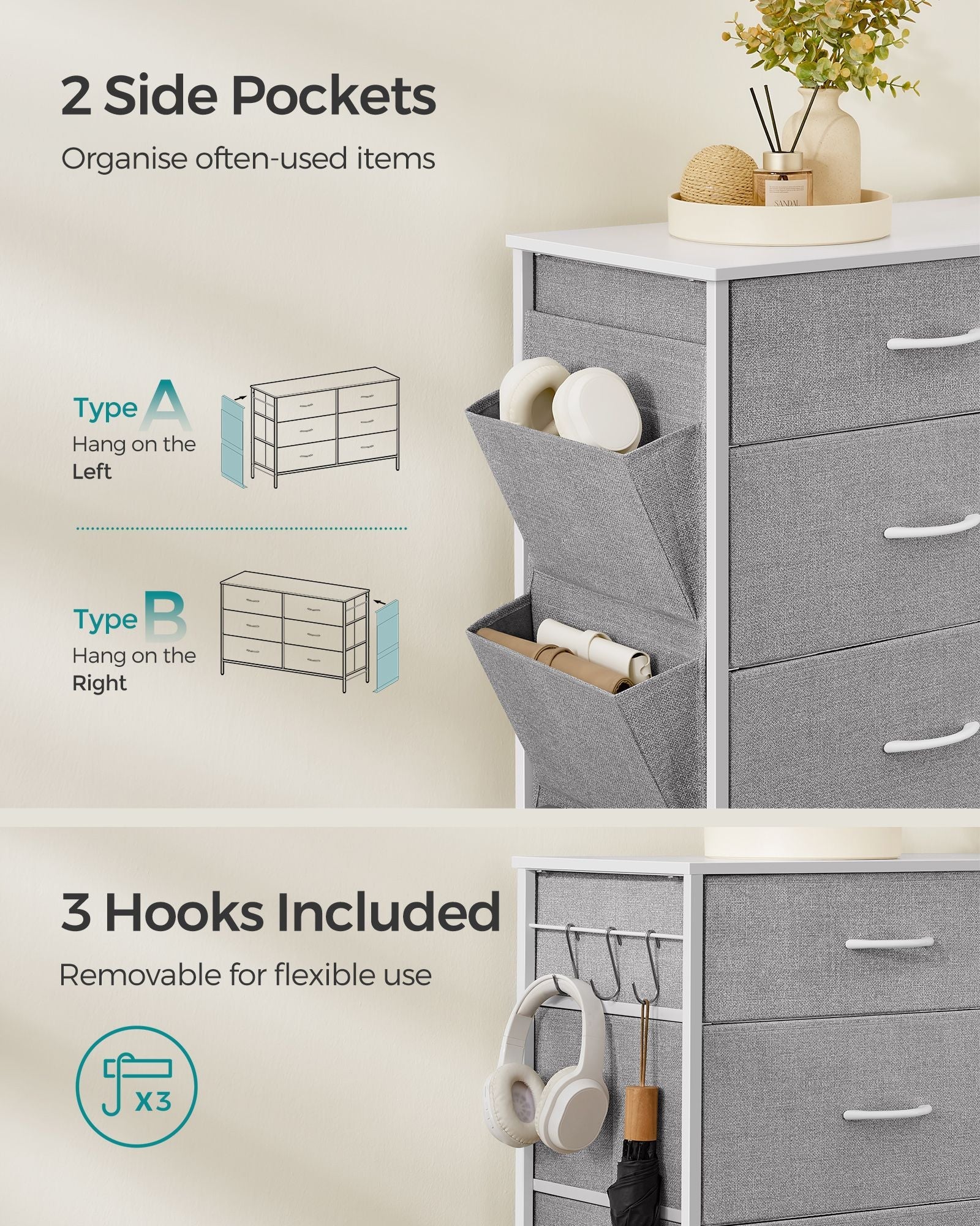 6-Drawer Dresser – Fabric – Cloud White and Dove Grey – Includes Side Pockets and Drawer Dividers