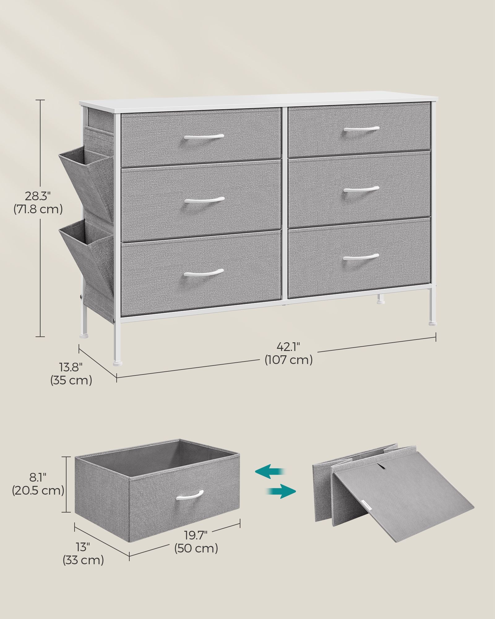 6-Drawer Dresser – Fabric – Cloud White and Dove Grey – Includes Side Pockets and Drawer Dividers