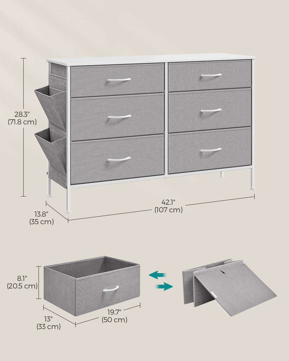 6-Drawer Dresser – Fabric – Cloud White and Dove Grey – Includes Side Pockets and Drawer Dividers