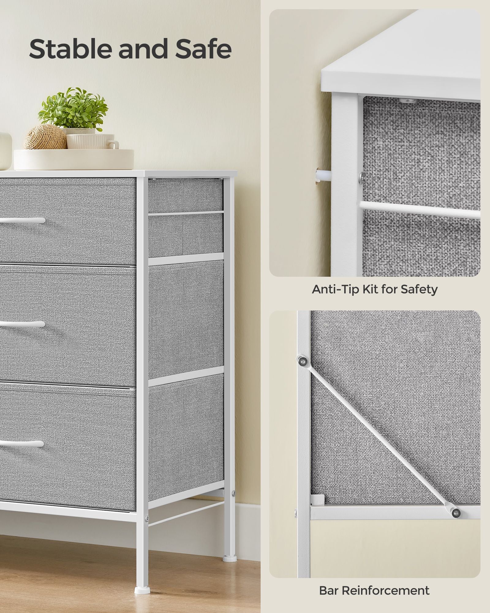 6-Drawer Dresser – Fabric – Cloud White and Dove Grey – Includes Side Pockets and Drawer Dividers