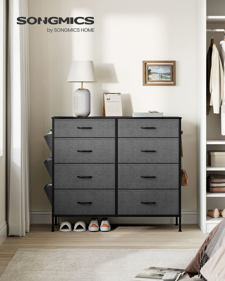 8-Drawer Fabric Dresser – Charcoal Grey and Slate Grey – Storage Organizer with Side Pockets and Drawer Dividers