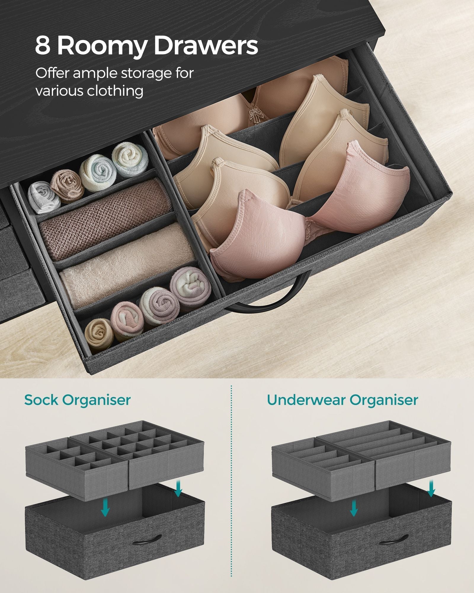 8-Drawer Fabric Dresser – Charcoal Grey and Slate Grey – Storage Organizer with Side Pockets and Drawer Dividers