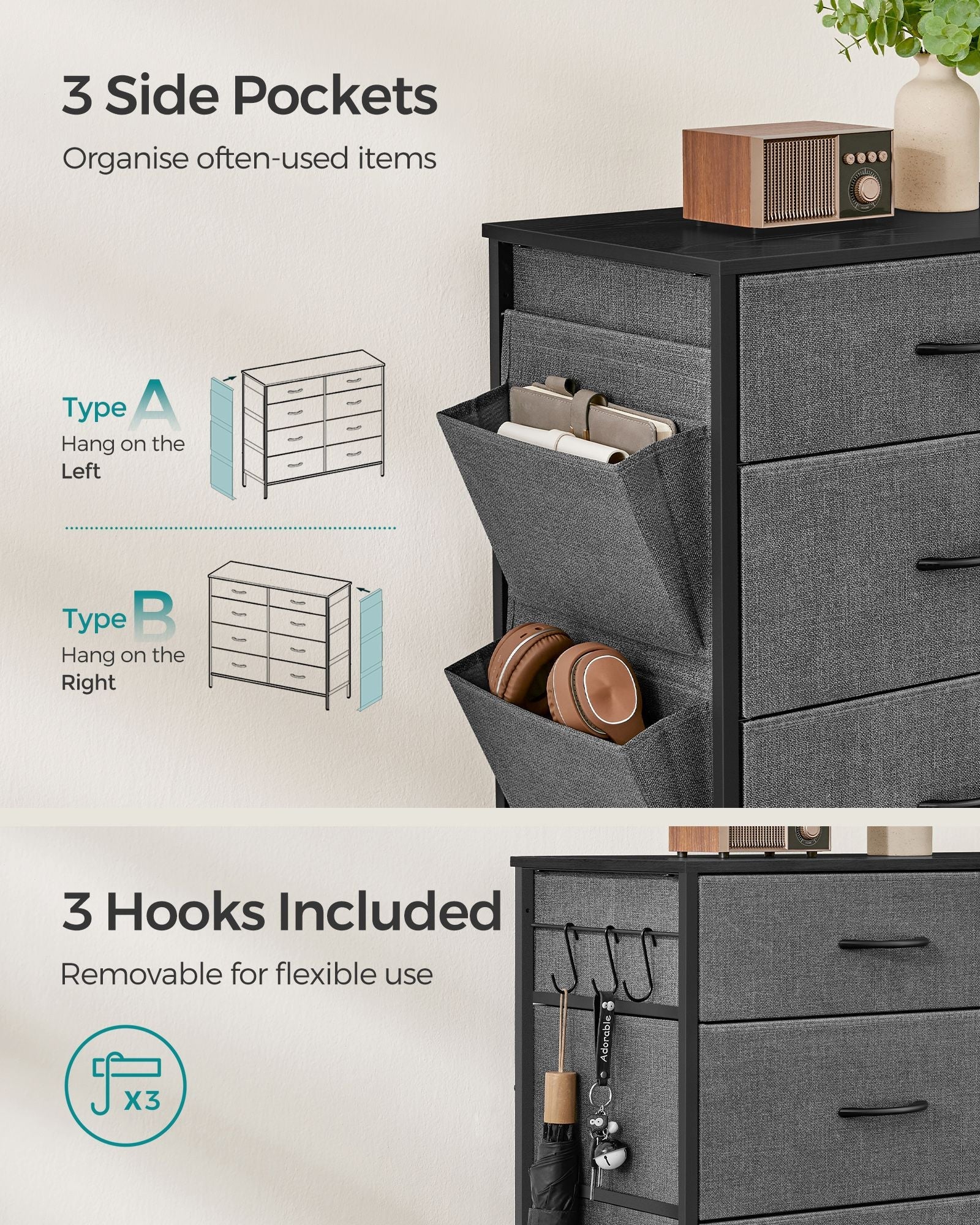 8-Drawer Fabric Dresser – Charcoal Grey and Slate Grey – Storage Organizer with Side Pockets and Drawer Dividers