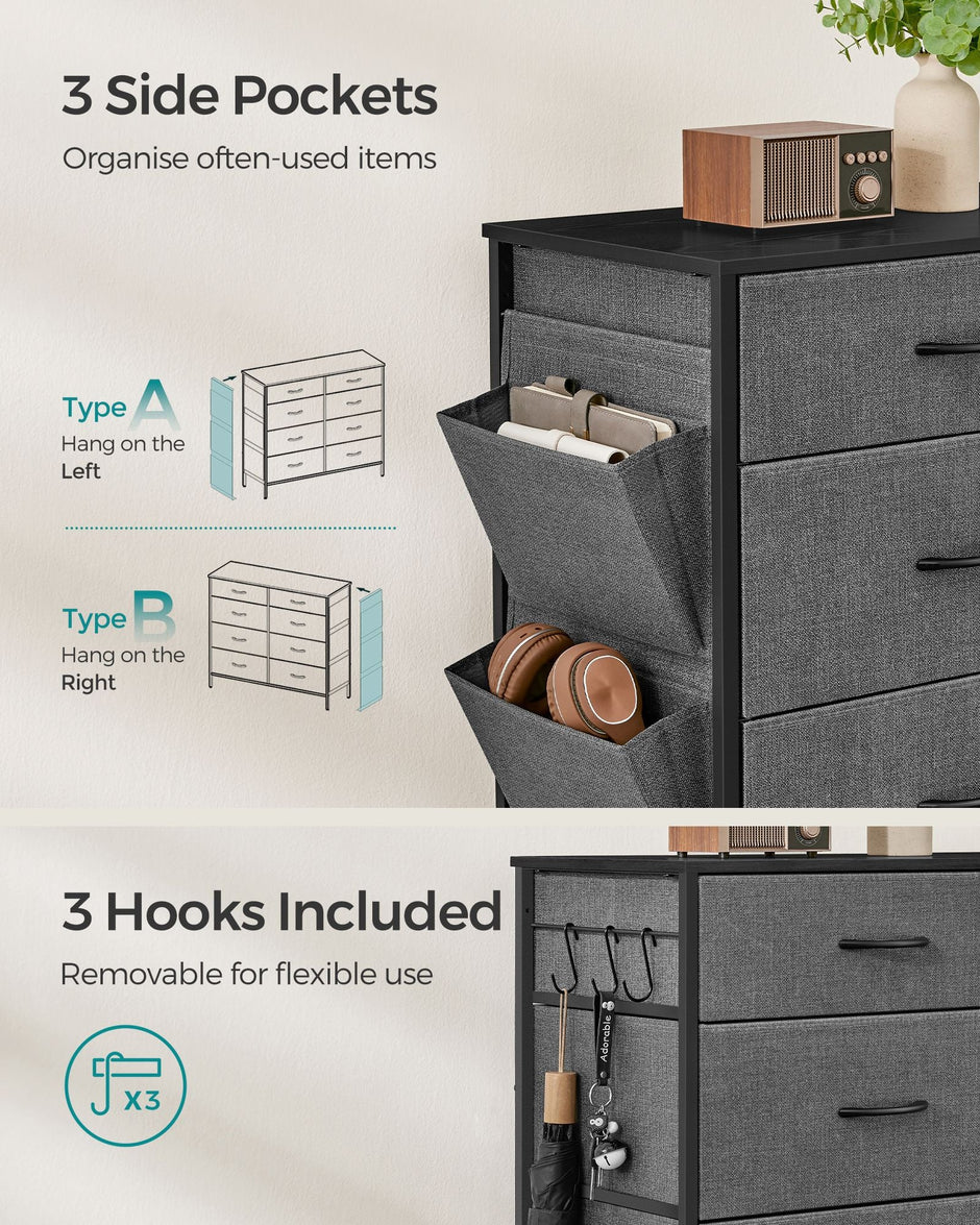 8-Drawer Fabric Dresser – Charcoal Grey and Slate Grey – Storage Organizer with Side Pockets and Drawer Dividers