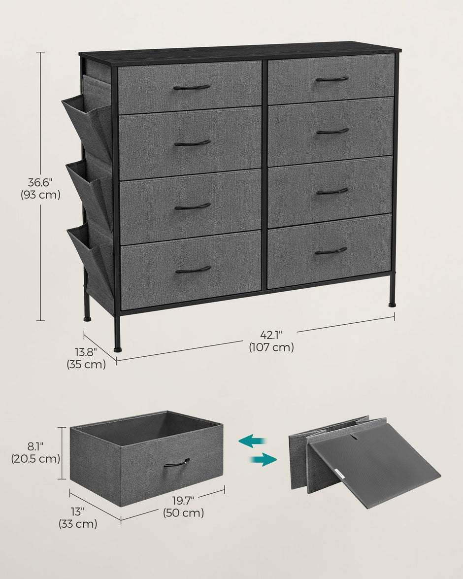 8-Drawer Fabric Dresser – Charcoal Grey and Slate Grey – Storage Organizer with Side Pockets and Drawer Dividers