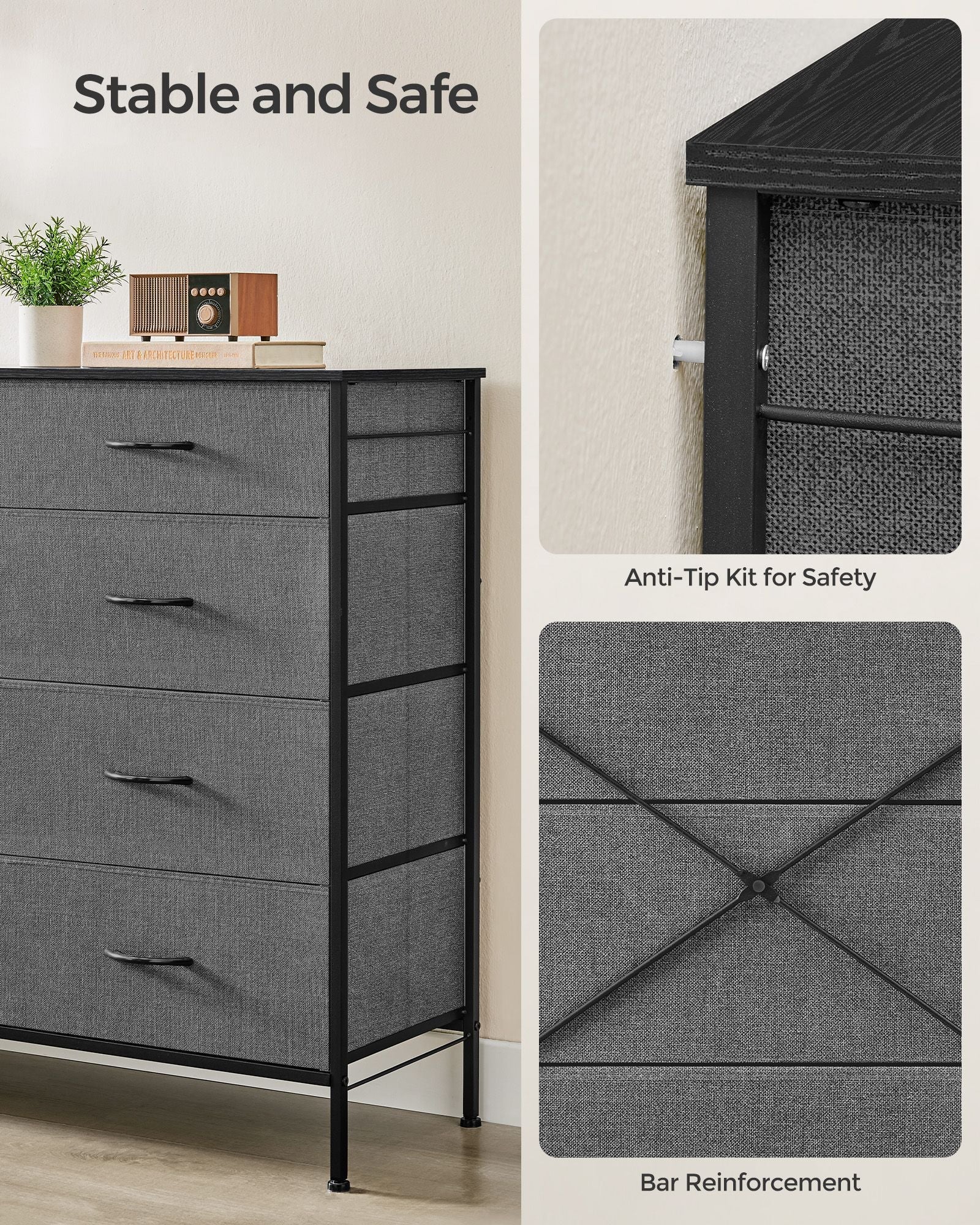 8-Drawer Fabric Dresser – Charcoal Grey and Slate Grey – Storage Organizer with Side Pockets and Drawer Dividers