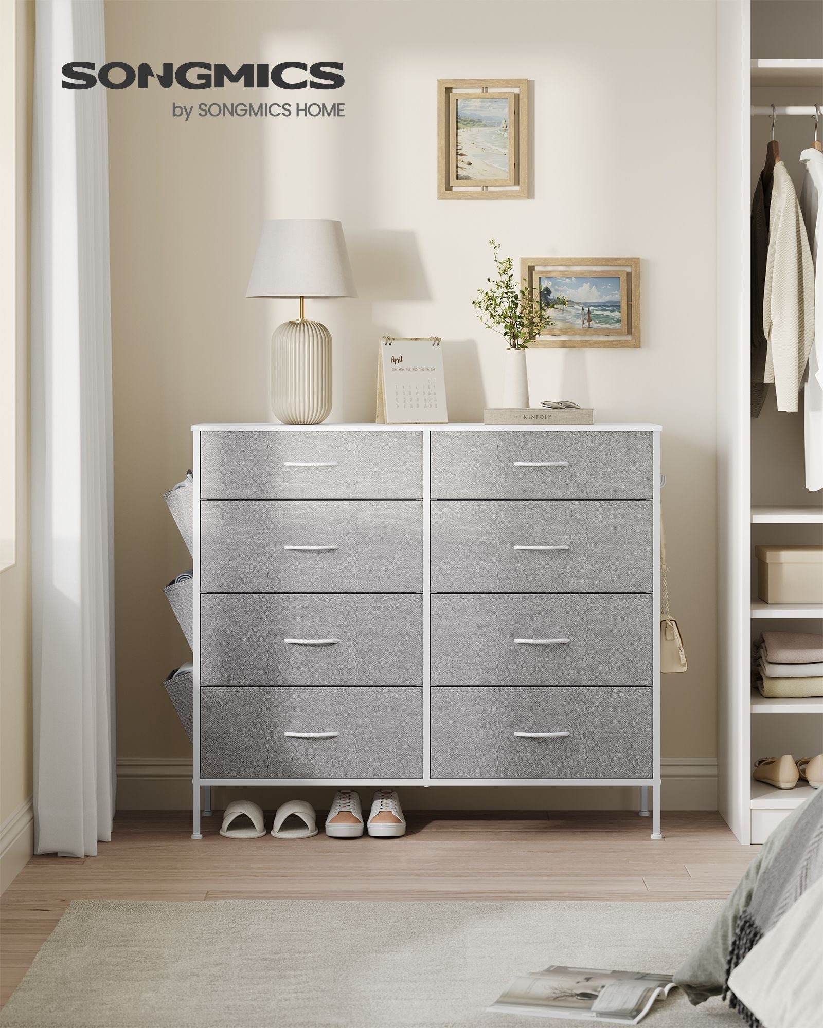 8-Drawer Dresser – Fabric – Cloud White and Dove Grey – Includes Side Pockets and Drawer Dividers