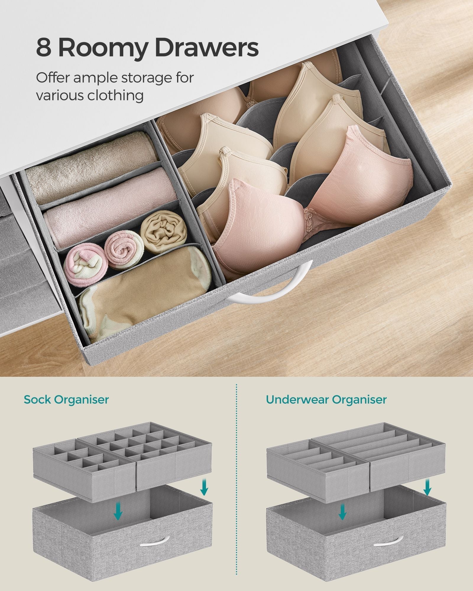 8-Drawer Dresser – Fabric – Cloud White and Dove Grey – Includes Side Pockets and Drawer Dividers