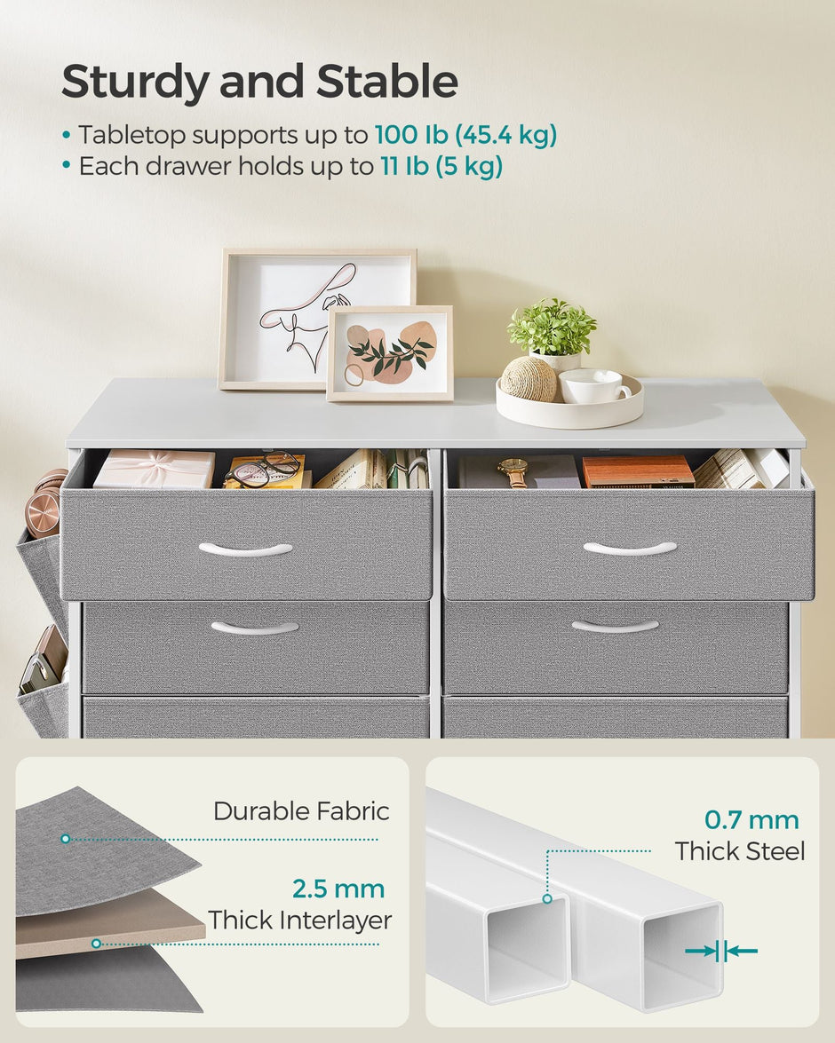 8-Drawer Dresser – Fabric – Cloud White and Dove Grey – Includes Side Pockets and Drawer Dividers