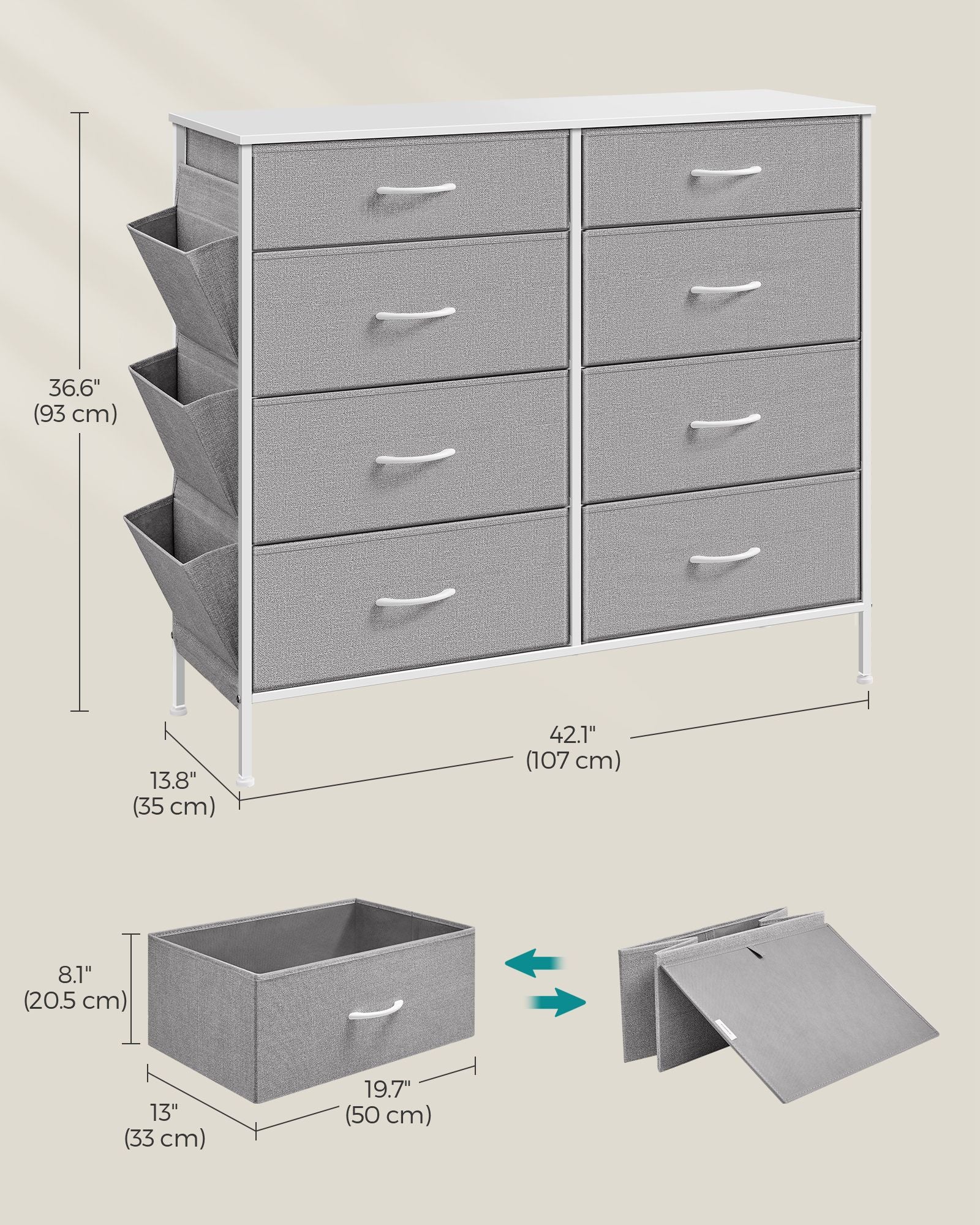 8-Drawer Dresser – Fabric – Cloud White and Dove Grey – Includes Side Pockets and Drawer Dividers
