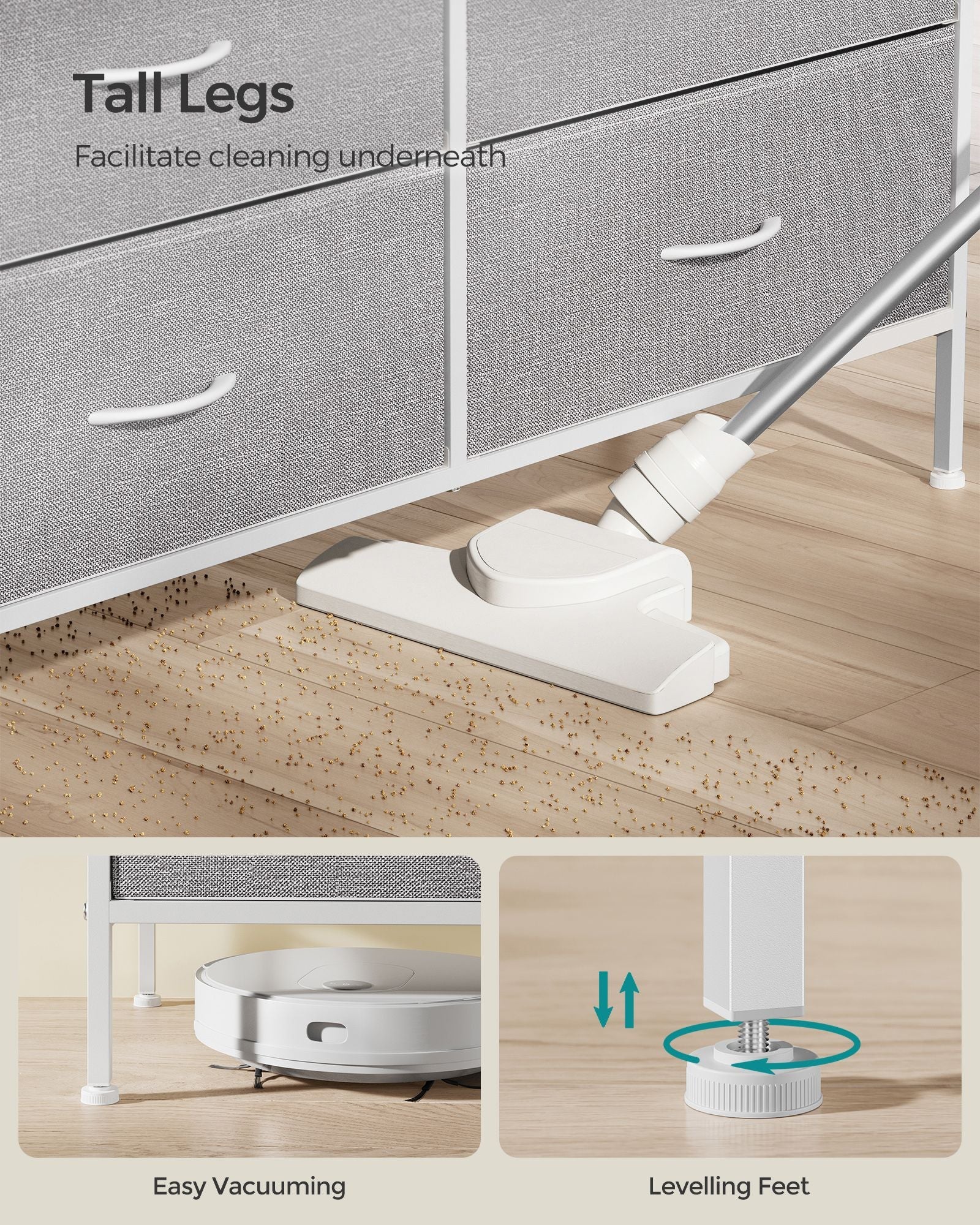 8-Drawer Dresser – Fabric – Cloud White and Dove Grey – Includes Side Pockets and Drawer Dividers