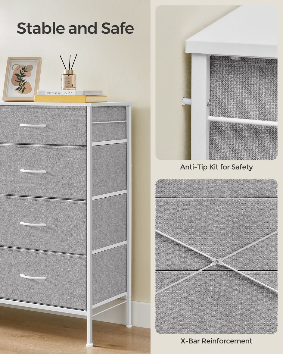 8-Drawer Dresser – Fabric – Cloud White and Dove Grey – Includes Side Pockets and Drawer Dividers