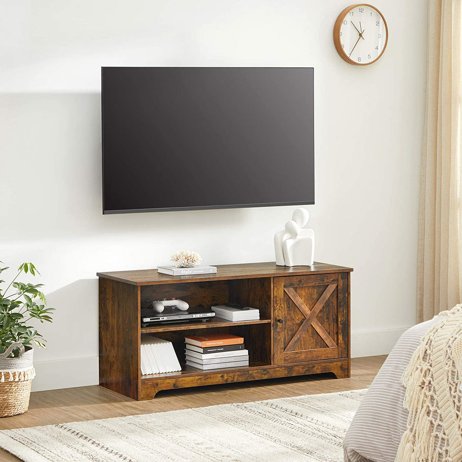 TV Cabinet – Wood – Rustic Brown – Barn Door, Cable Management, 2 Open Compartments