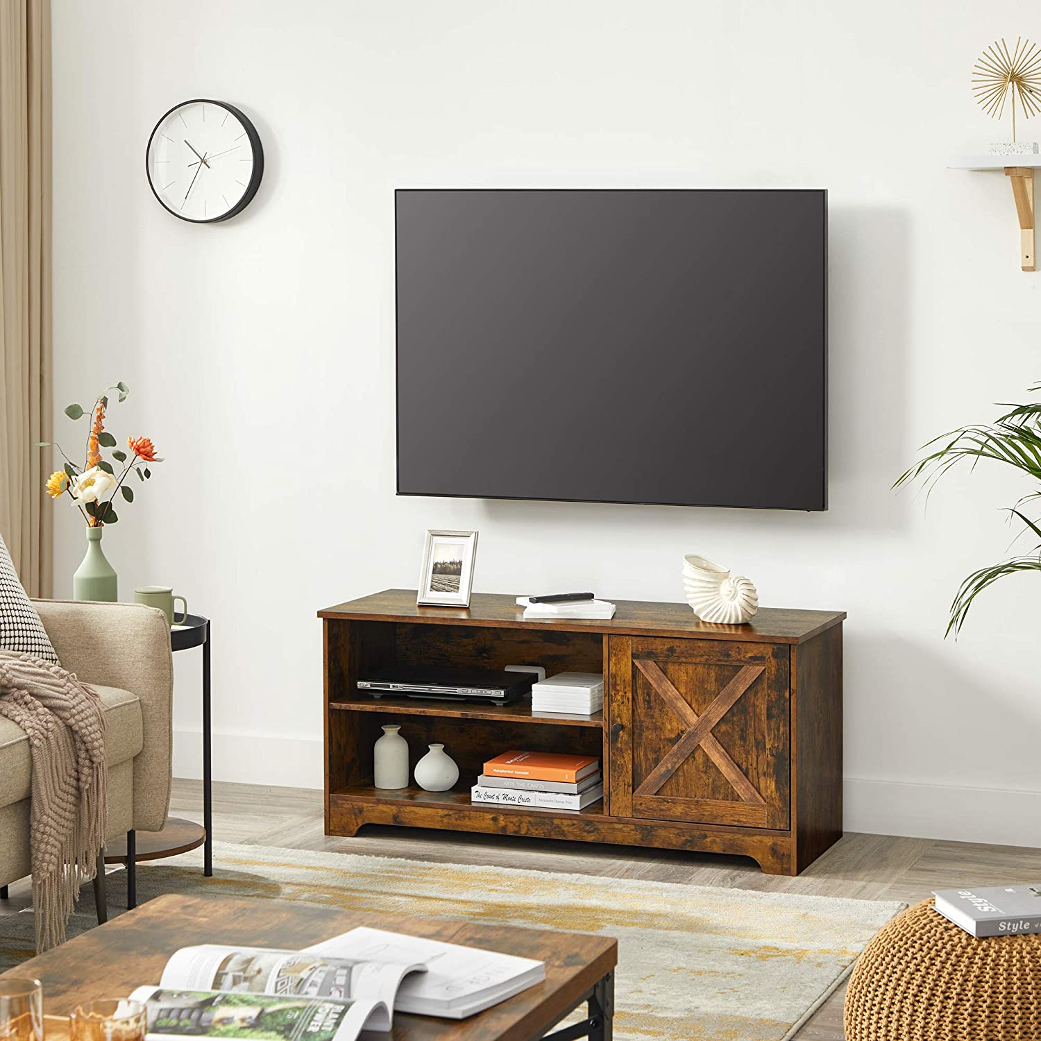 TV Cabinet – Wood – Rustic Brown – Barn Door, Cable Management, 2 Open Compartments
