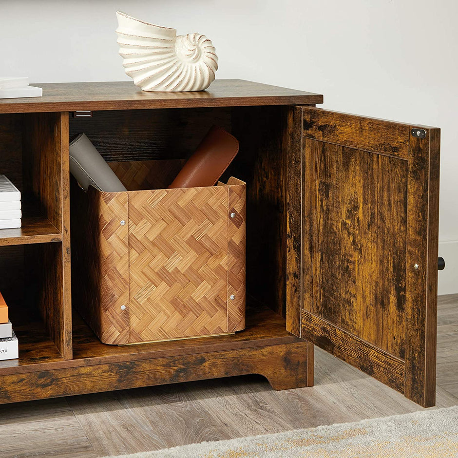 TV Cabinet – Wood – Rustic Brown – Barn Door, Cable Management, 2 Open Compartments