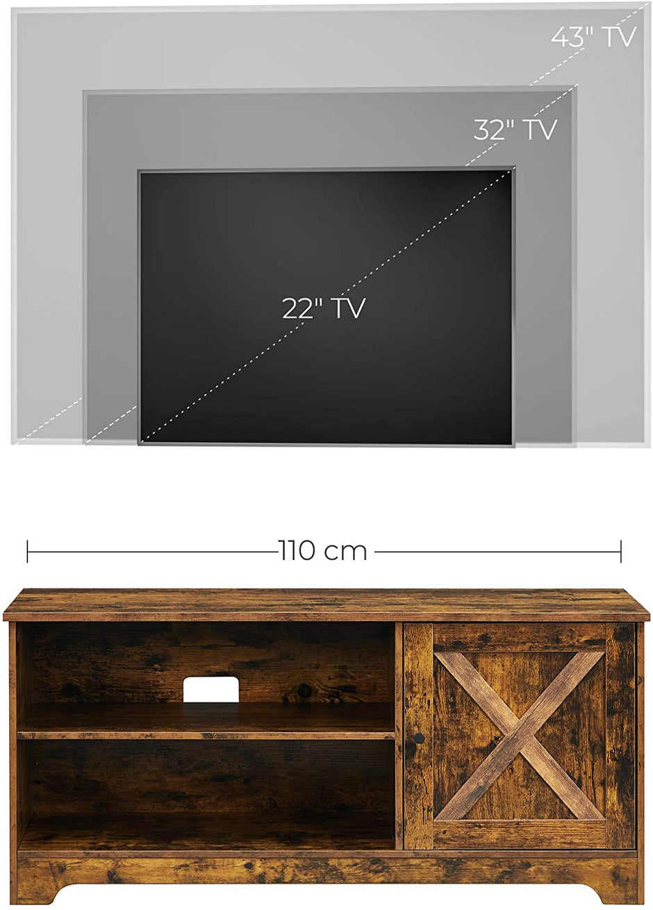 TV Cabinet – Wood – Rustic Brown – Barn Door, Cable Management, 2 Open Compartments