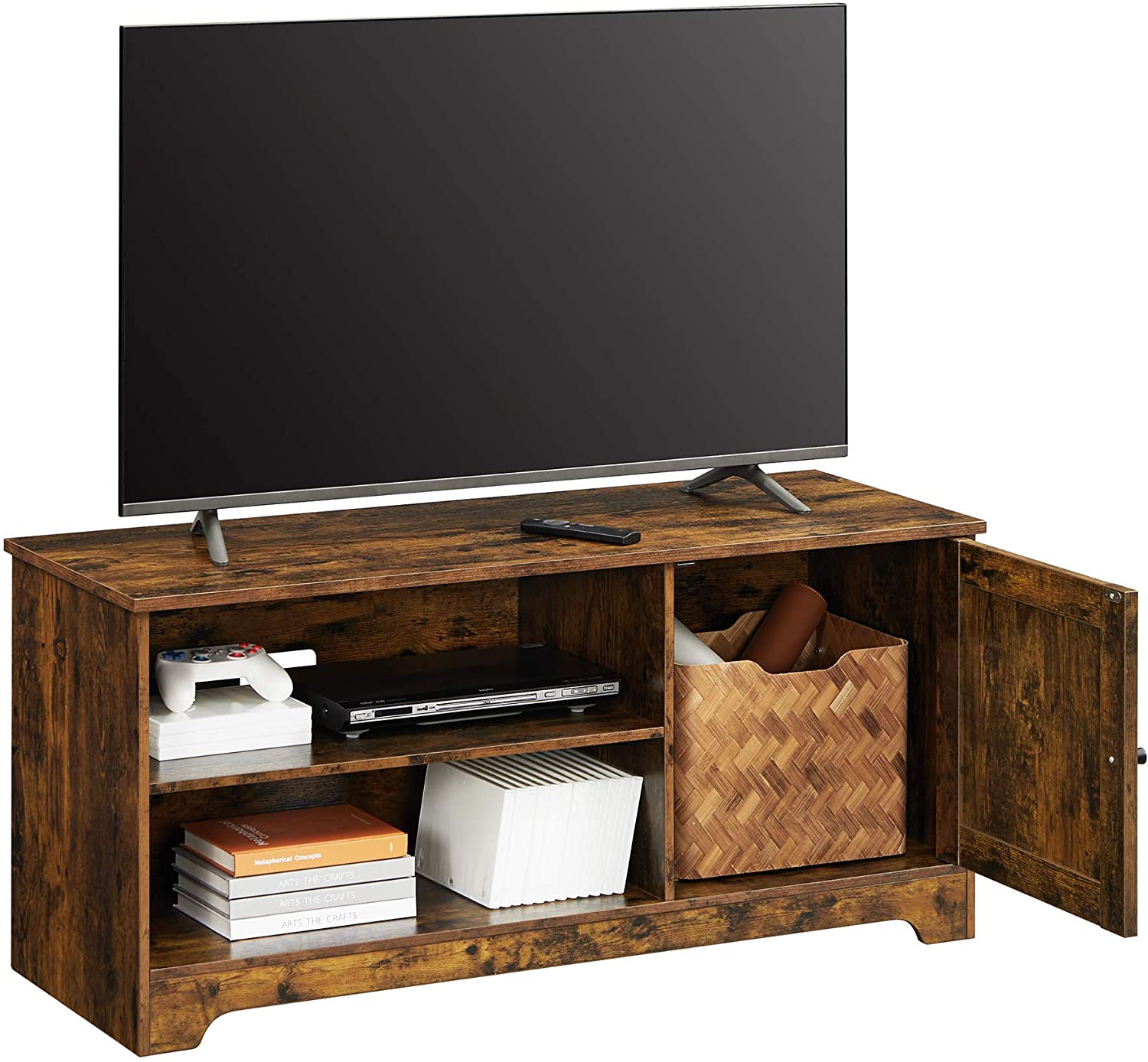 TV Cabinet – Wood – Rustic Brown – Barn Door, Cable Management, 2 Open Compartments