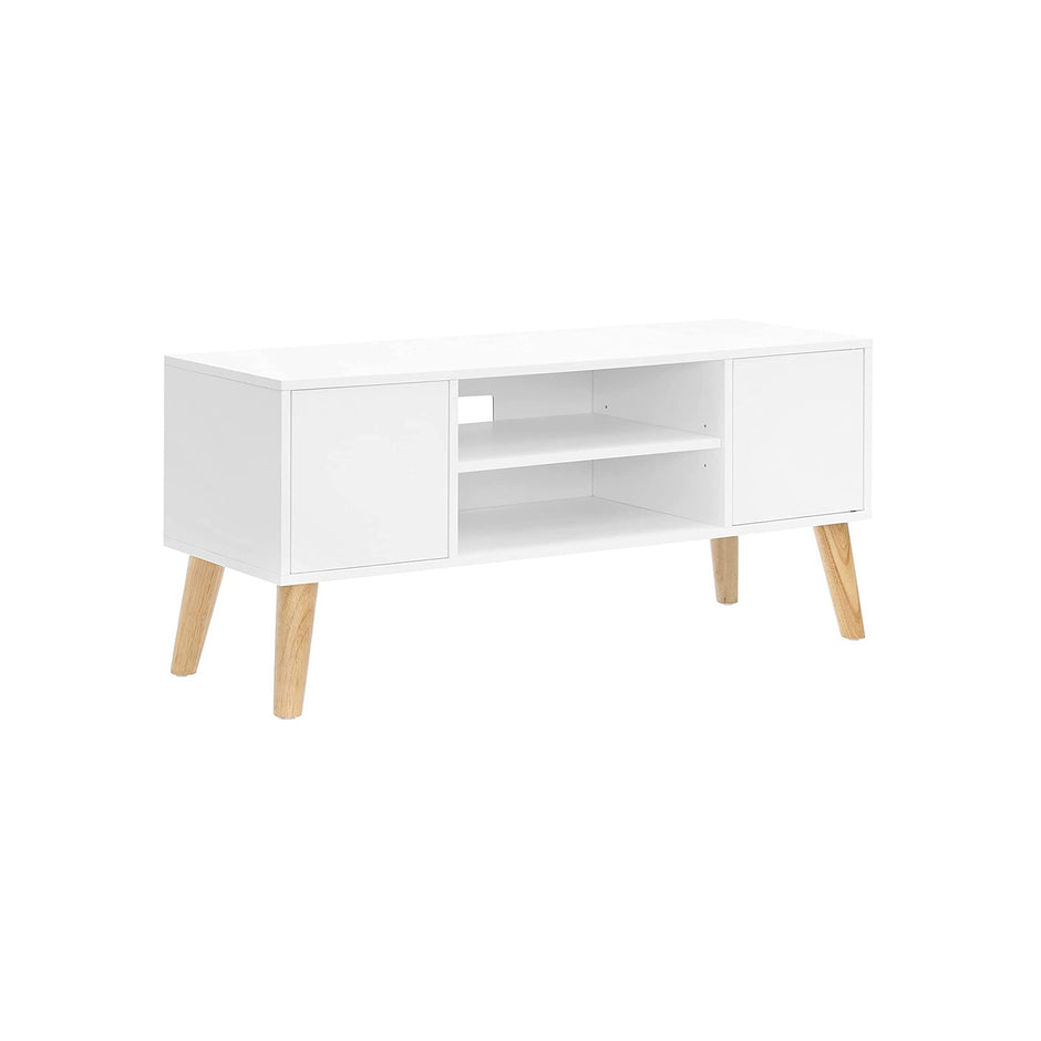 TV Stand – Wood – White and Natural – Mid-Century Modern Design with Storage Cabinet