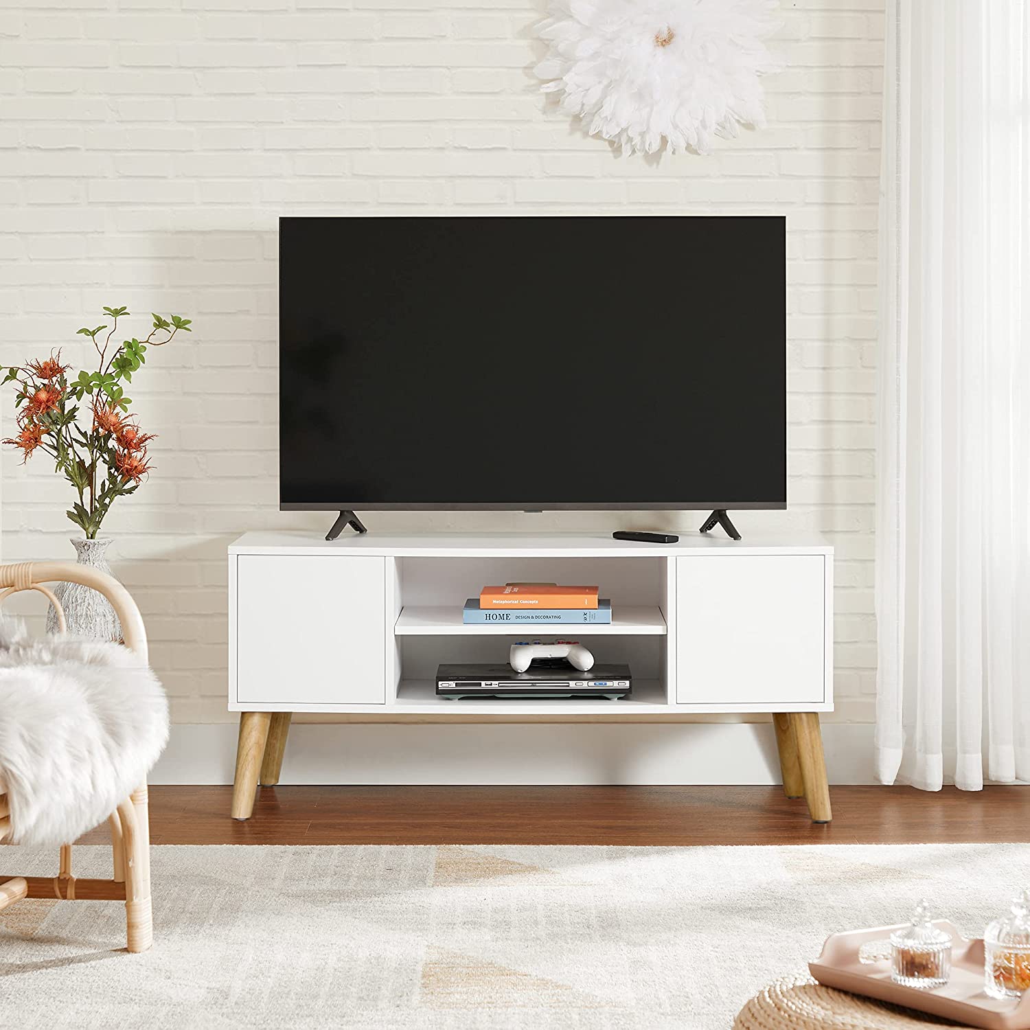TV Stand – Wood – White and Natural – Mid-Century Modern Design with Storage Cabinet