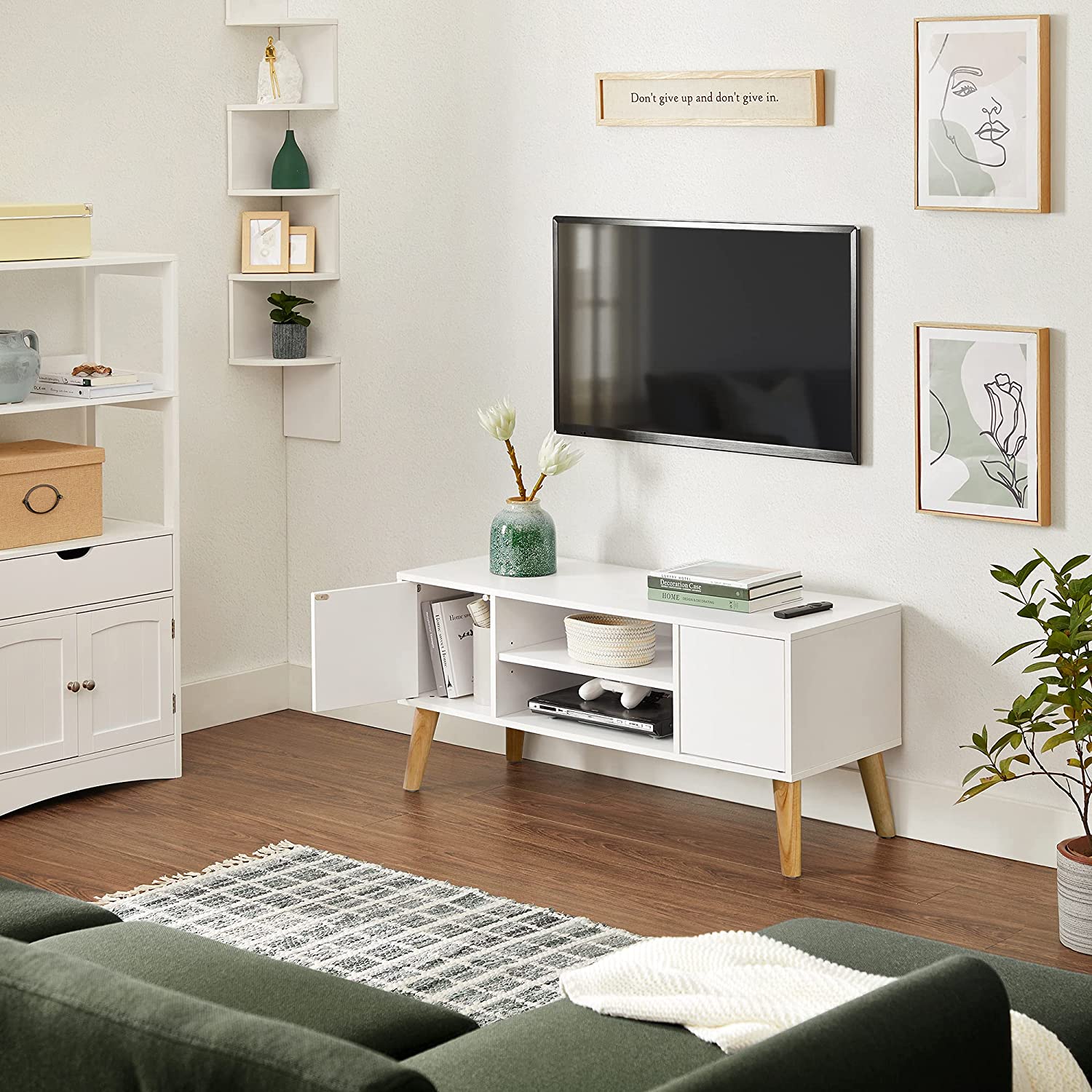 TV Stand – Wood – White and Natural – Mid-Century Modern Design with Storage Cabinet