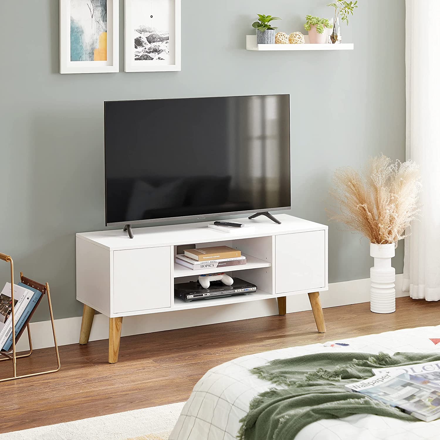 TV Stand – Wood – White and Natural – Mid-Century Modern Design with Storage Cabinet