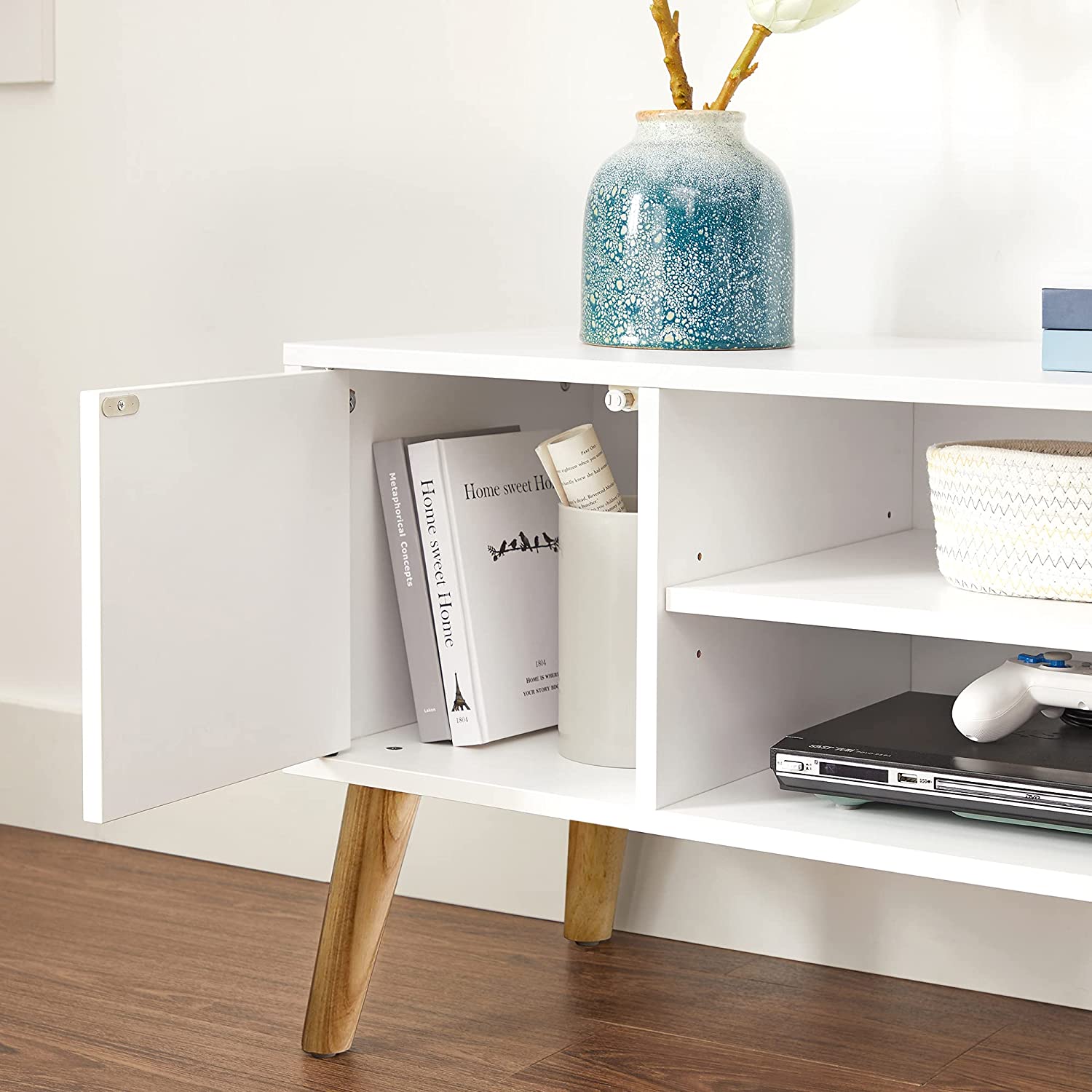 TV Stand – Wood – White and Natural – Mid-Century Modern Design with Storage Cabinet