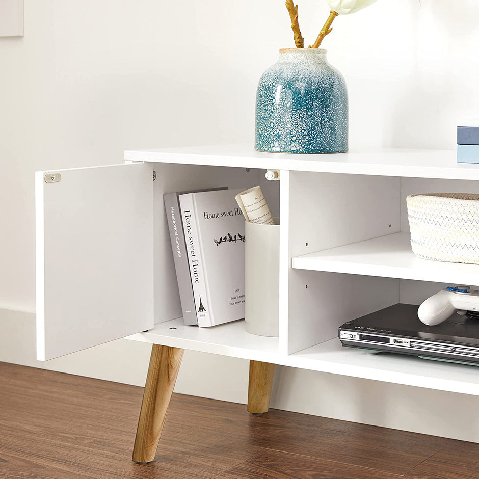 TV Stand – Wood – White and Natural – Mid-Century Modern Design with Storage Cabinet
